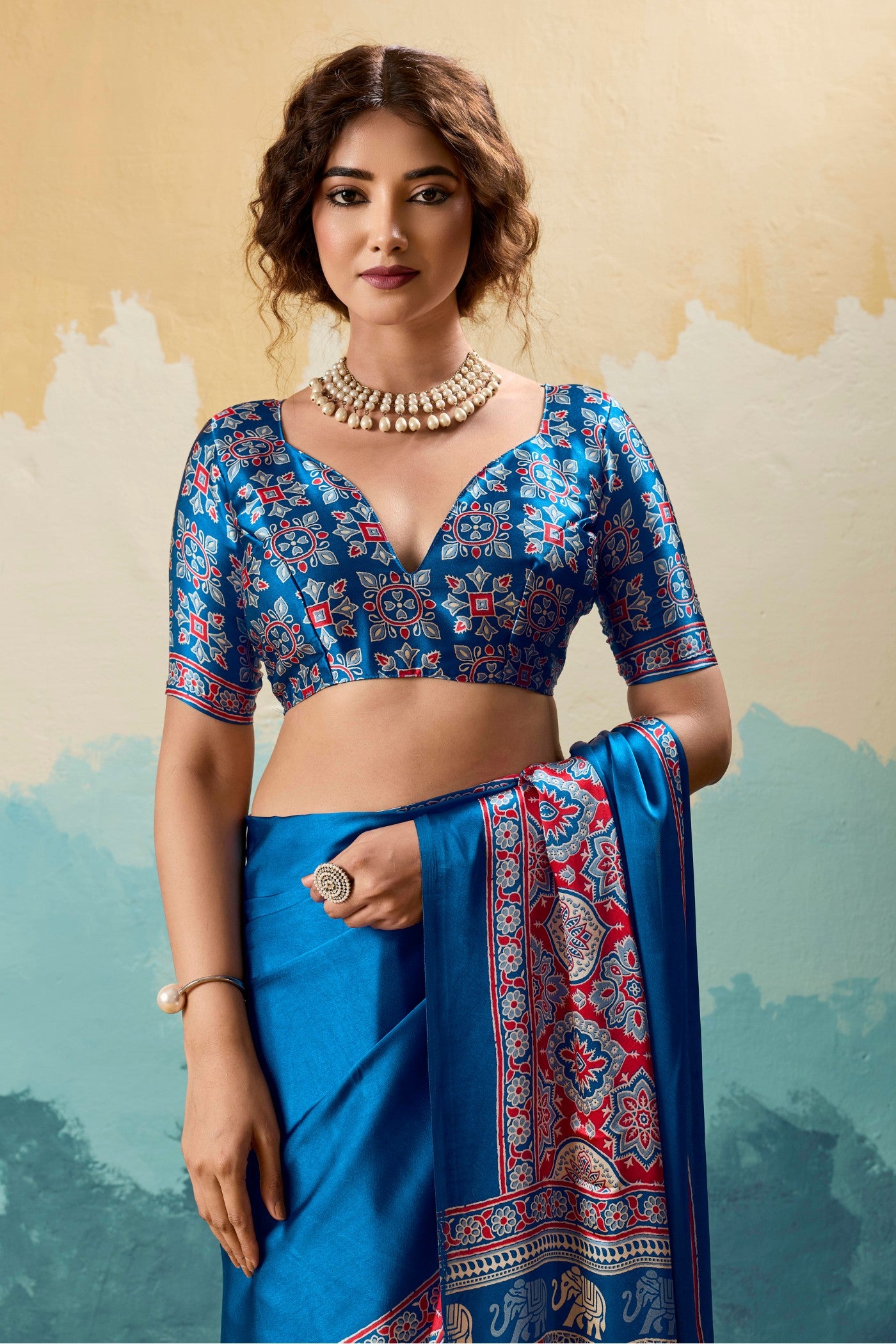 Buy MySilkLove Force Blue Modal Ajrakh Satin Printed Silk Saree Online