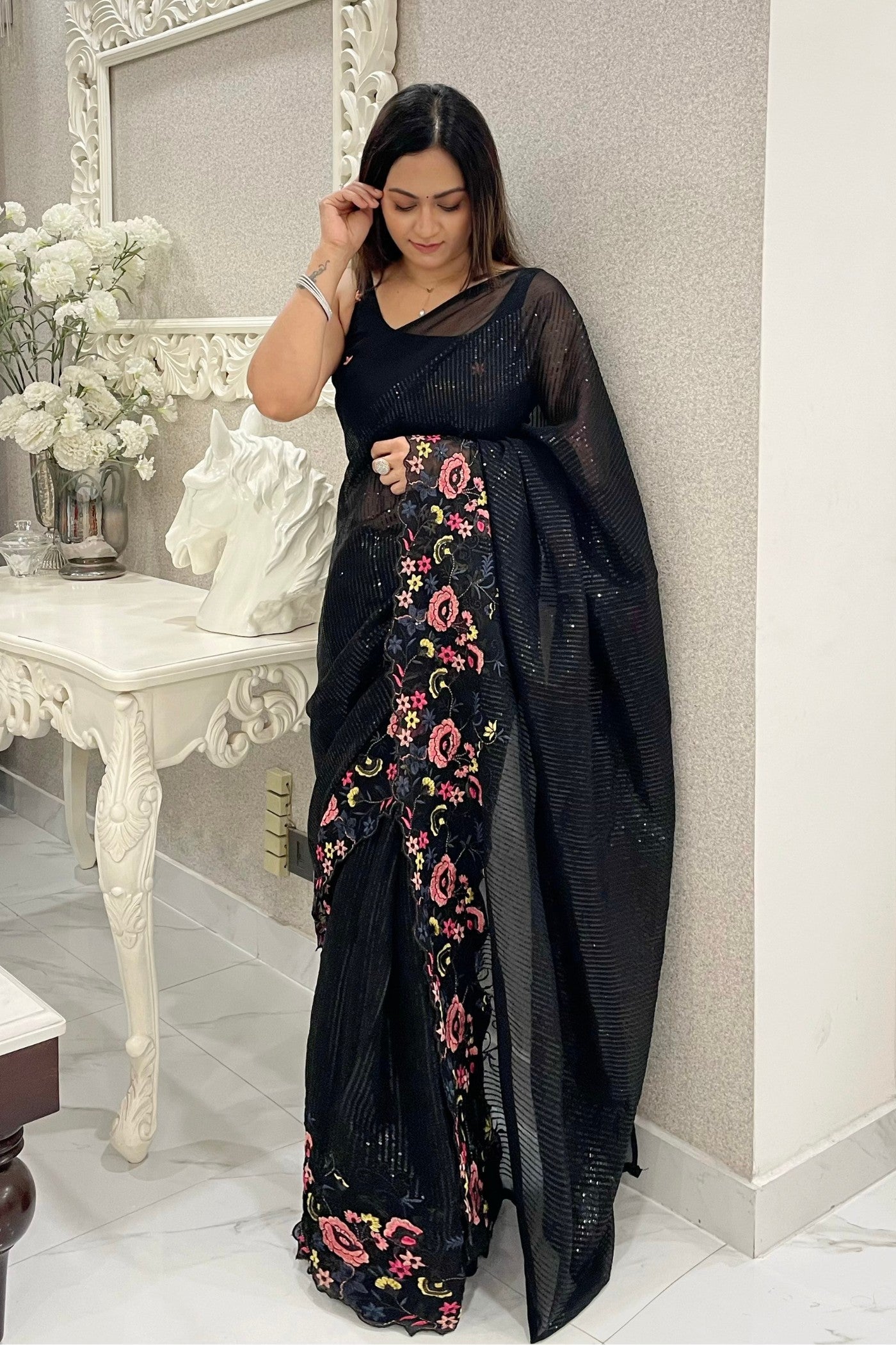 Buy MySilkLove Obsidian Black Embroidered Partywear Saree Online