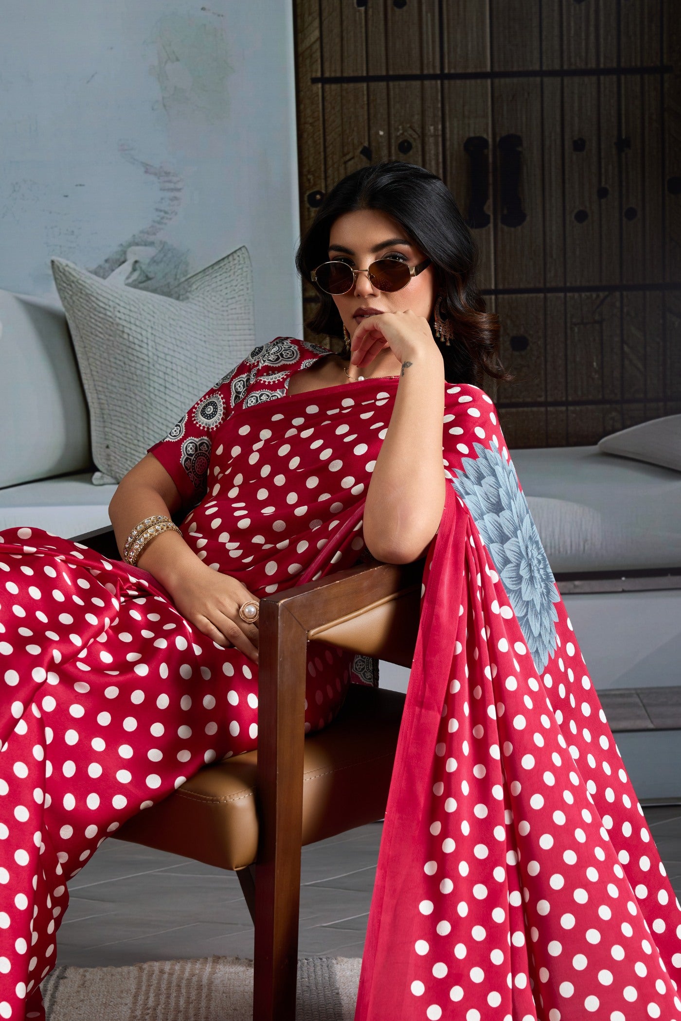 Buy MySilkLove Melon Red Printed Polka Dots Satin Crepe Saree Online