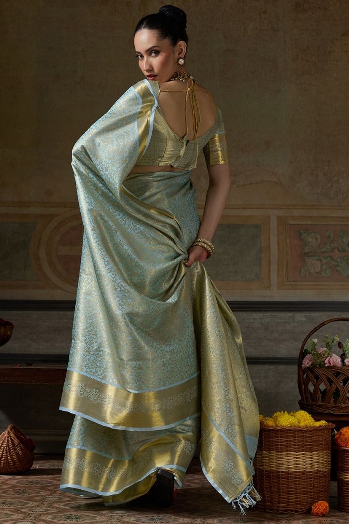 Buy MySilkLove Dusty Blue Woven Kanjivaram Saree Online