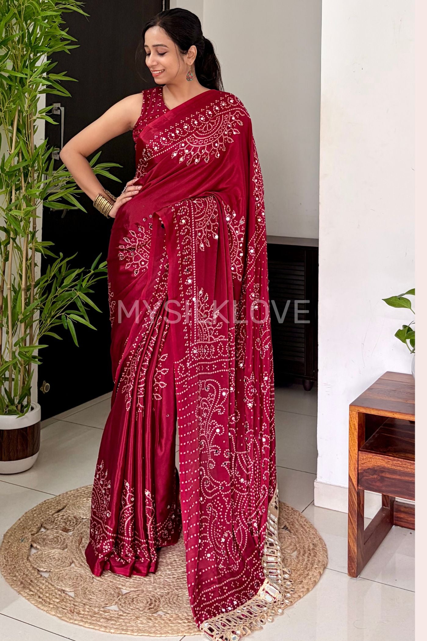Buy MySilkLove Coral Red Bandhani Gaji Satin Mirror Work Silk Crepe Saree Online