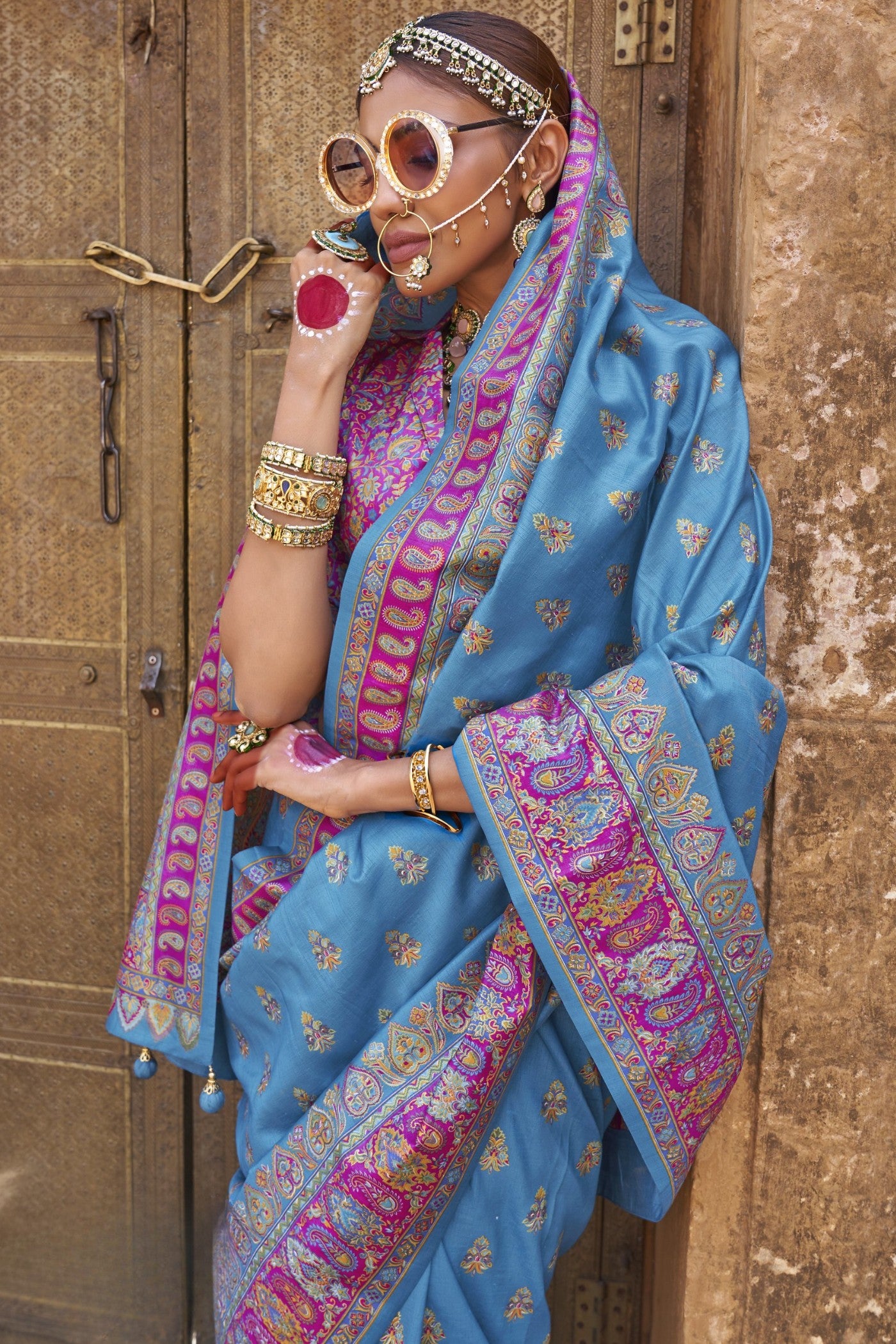 Buy MySilkLove Hyacinth Blue Banarasi Jamawar Saree Online