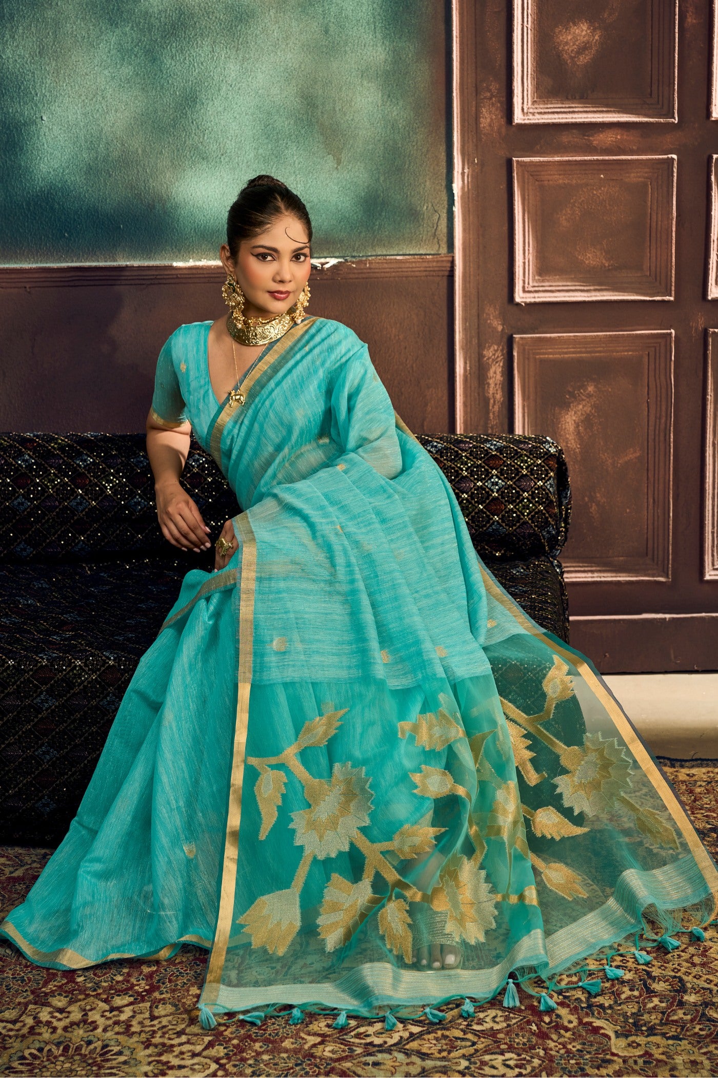 Buy MySilkLove Aqua Blue Munga Handloom Cotton Saree Online