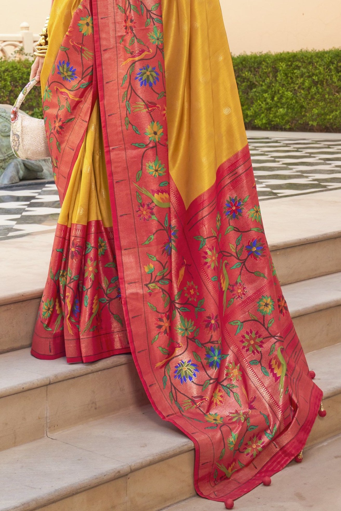 Buy MySilkLove Mustterd Yellow and Red Woven Paithani Designer Saree Online