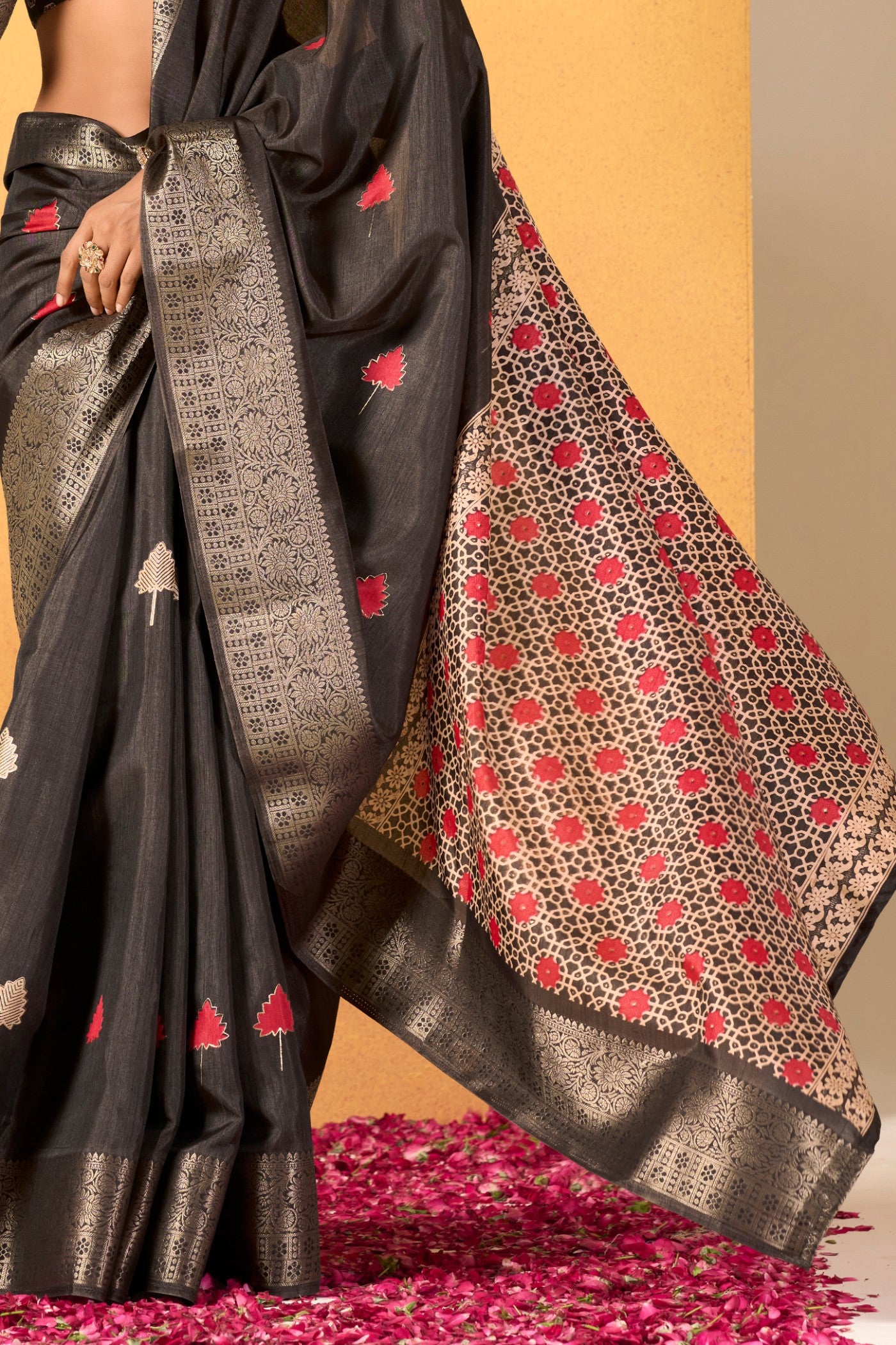 Buy MySilkLove Slate Black Woven Dola Silk Saree Online