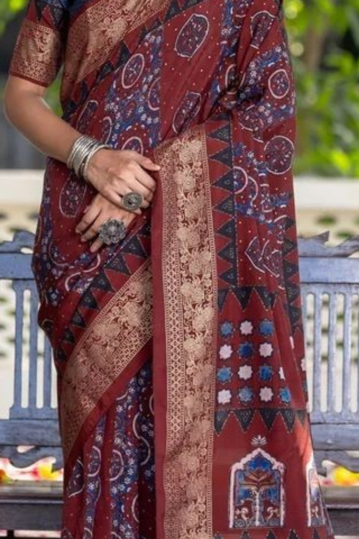 Buy MySilkLove Walnut Brown Ajrakh Digital Printed Satin Saree Online