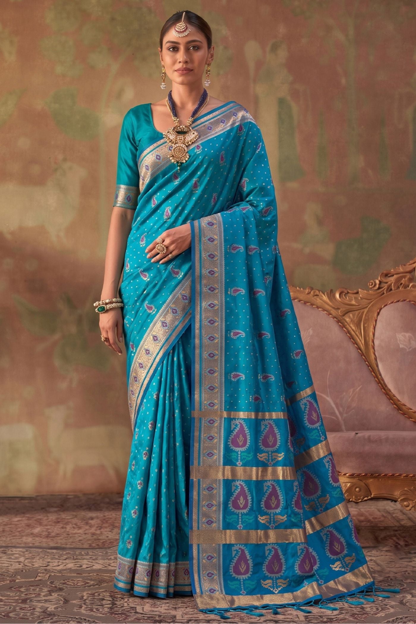 Buy MySilkLove Sapphire Blue Woven Banarasi Soft Silk Saree Online