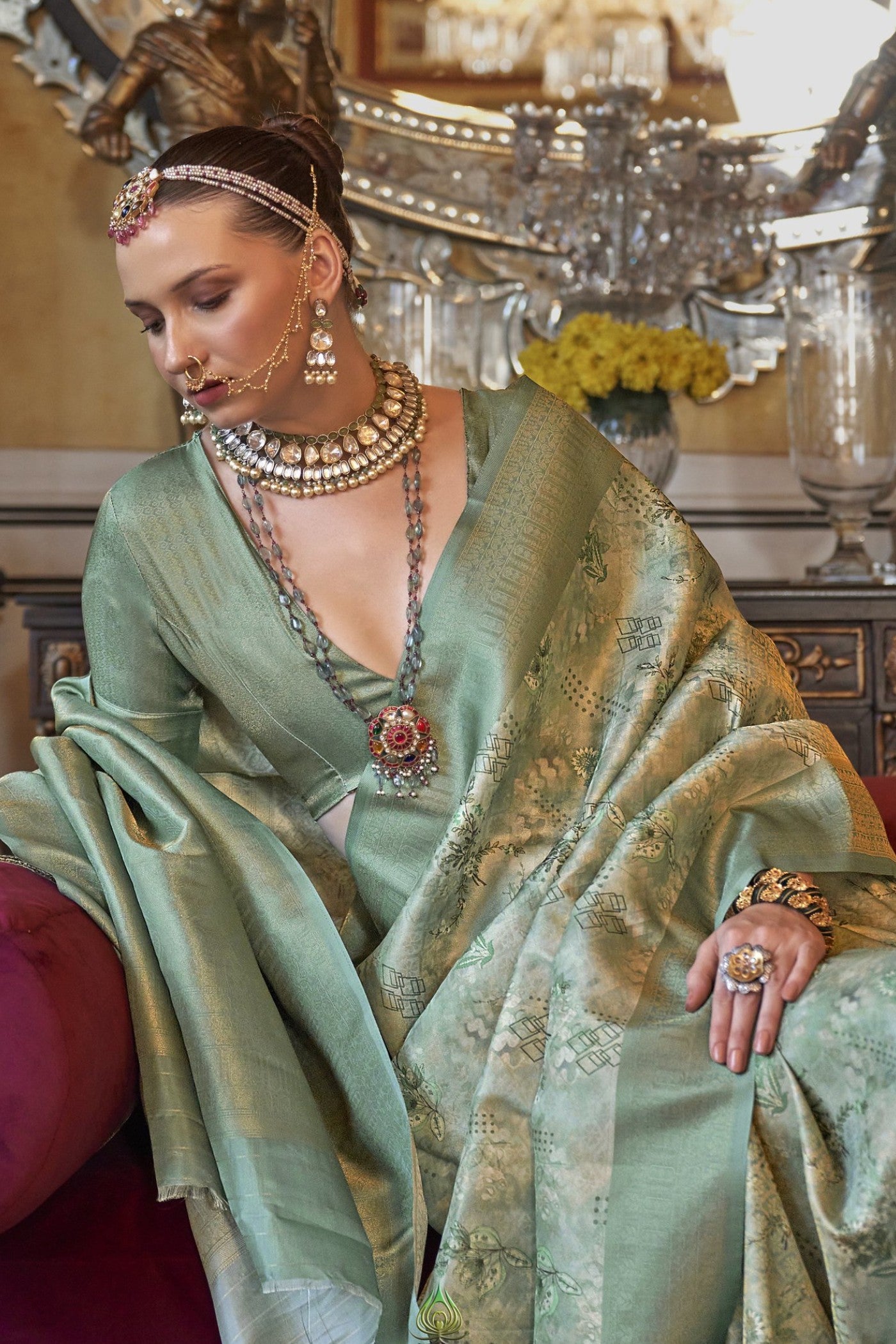 Buy MySilkLove Hillary Green Tussar Banarasi Digital Printed Saree Online