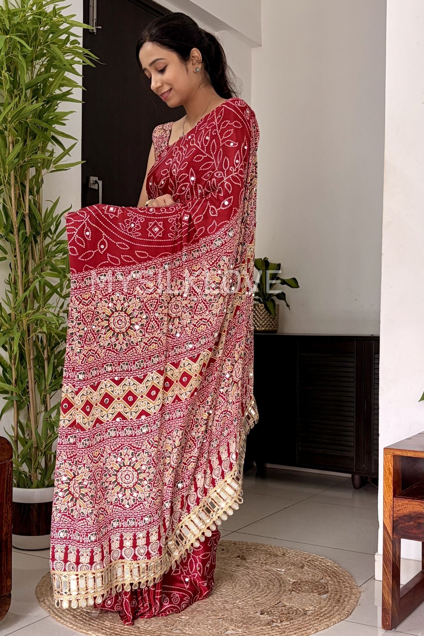 Buy MySilkLove Ruby Red Bandhani Fusion Ajrakh Pallu Mirror Work Saree Online