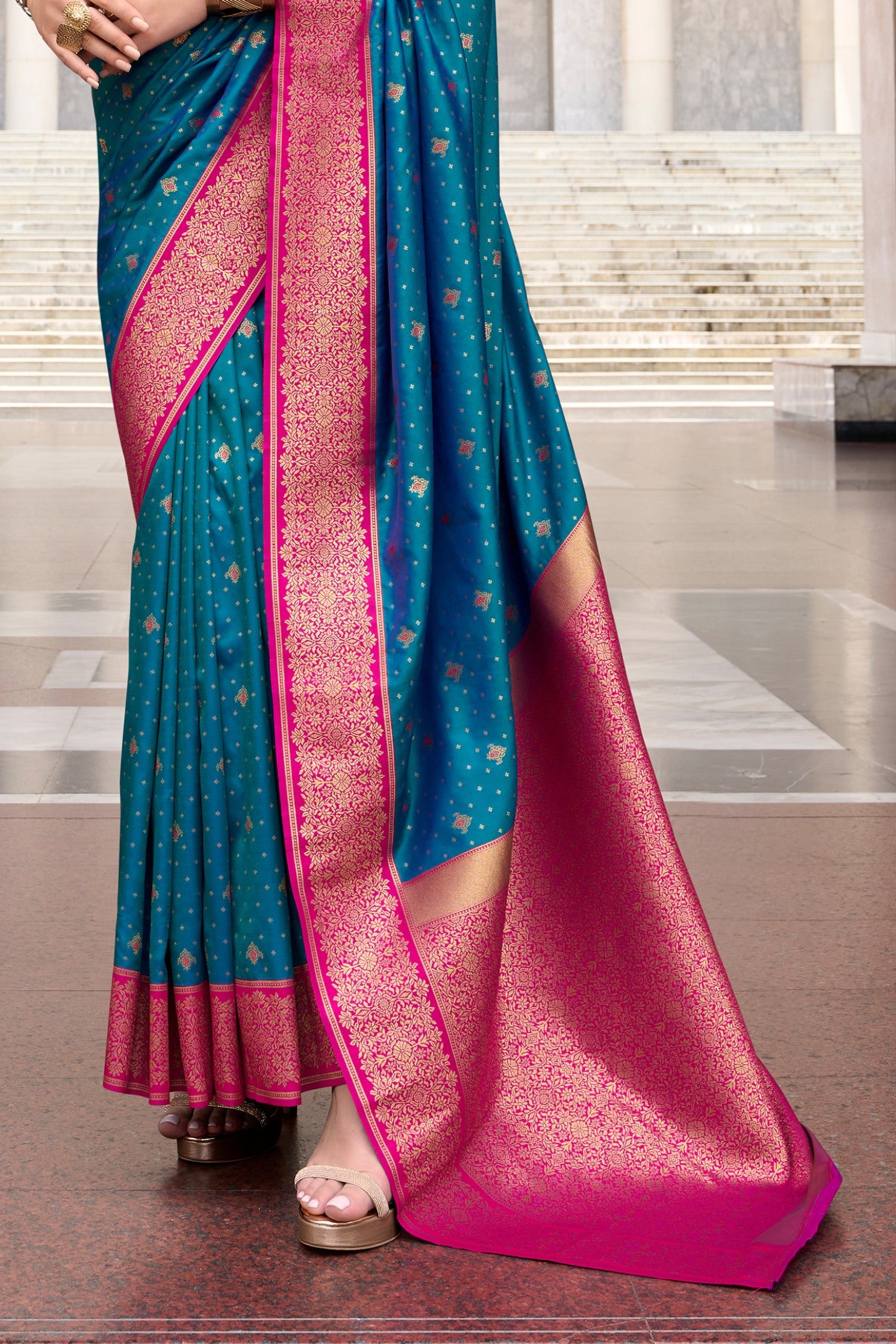 Buy MySilkLove Metallic Blue Zari Woven Banarasi Soft Silk Saree Online