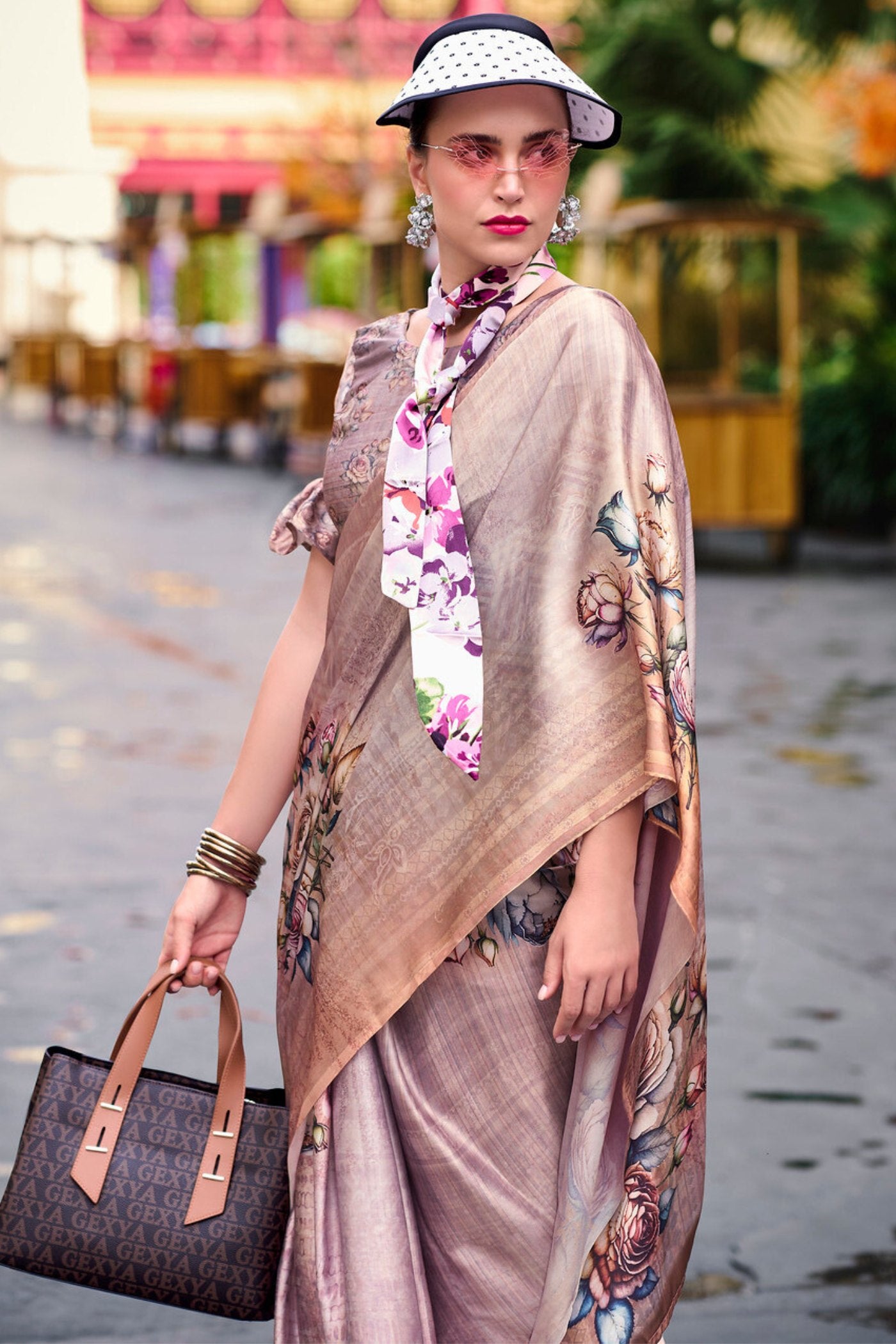 Buy MySilkLove Quicksand Brown Printed Satin Crepe Silk Saree Online