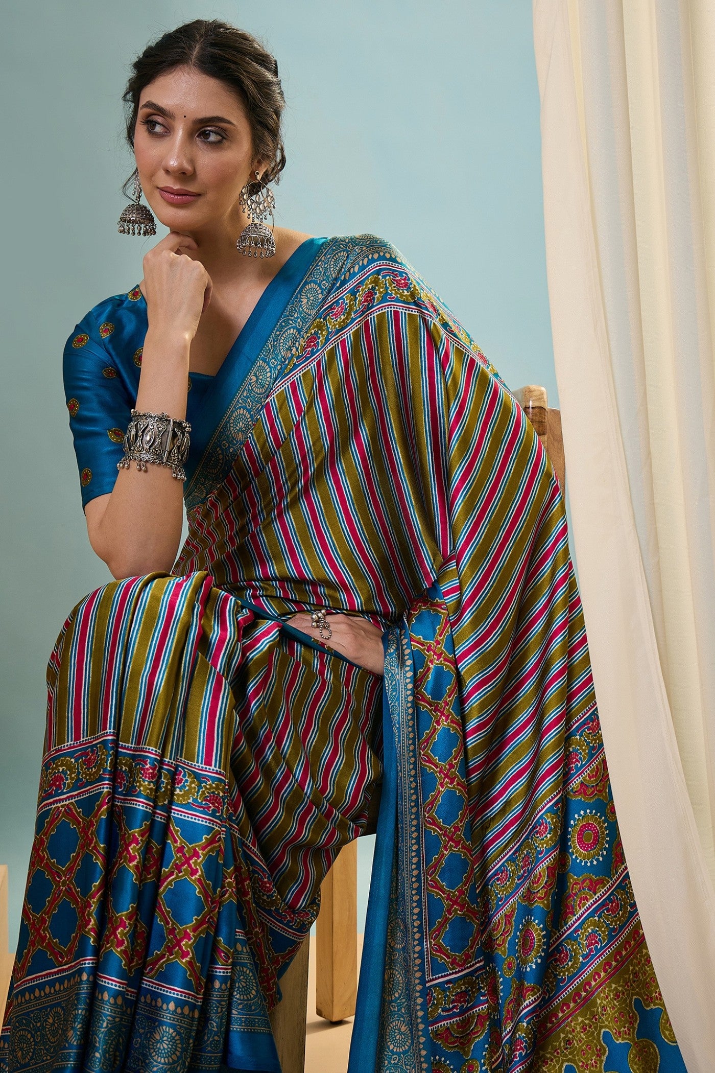 Buy MySilkLove Virella Blue Ajrakh Printed Satin Crepe Silk Saree Online