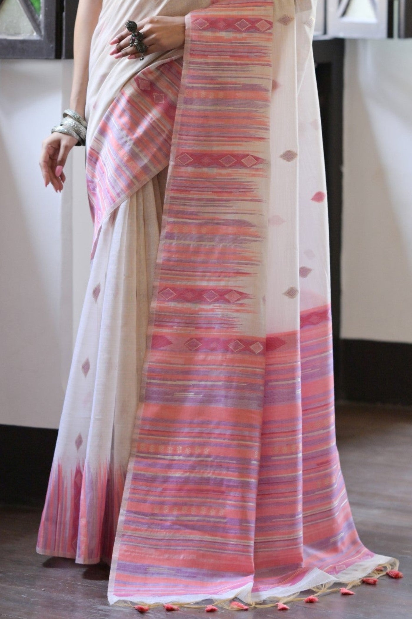 Buy MySilkLove Snow White and Pink Muga Cotton Saree Online