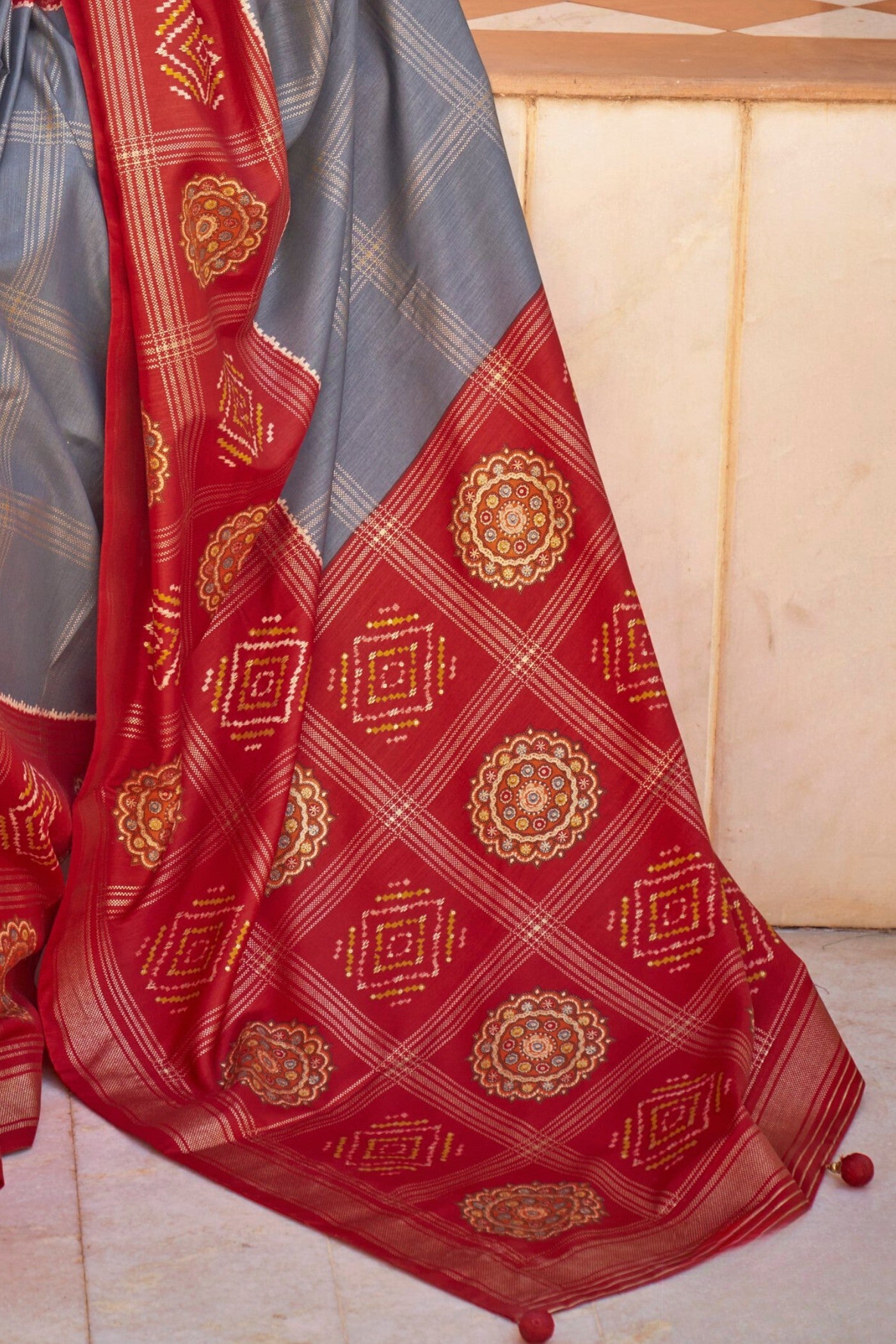 Buy MySilkLove Stone Grey and Red Printed Patola Saree Online