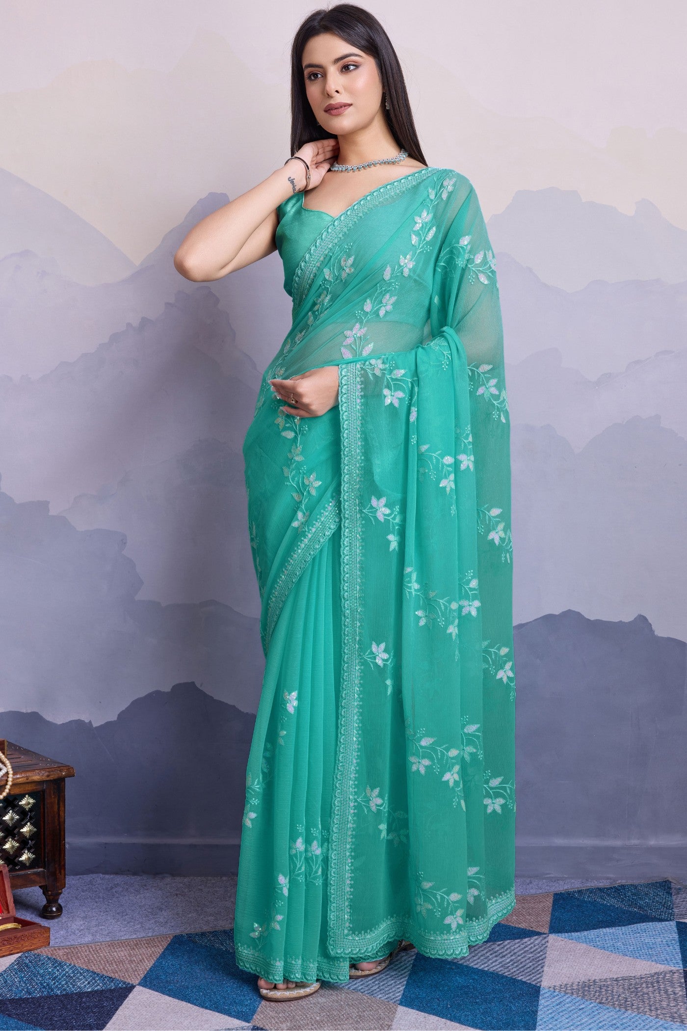 Buy MySilkLove Fancy Green Embroidered Designer Chiffon Saree Online