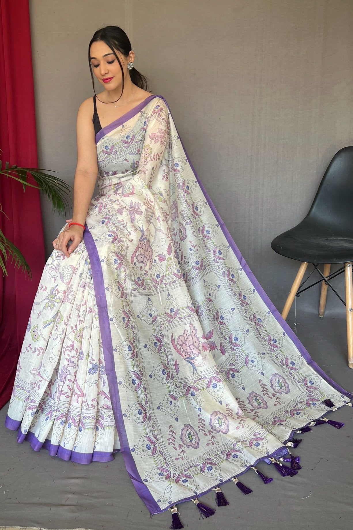 Buy MySilkLove Lily Purple and White Printed Cotton Saree Online