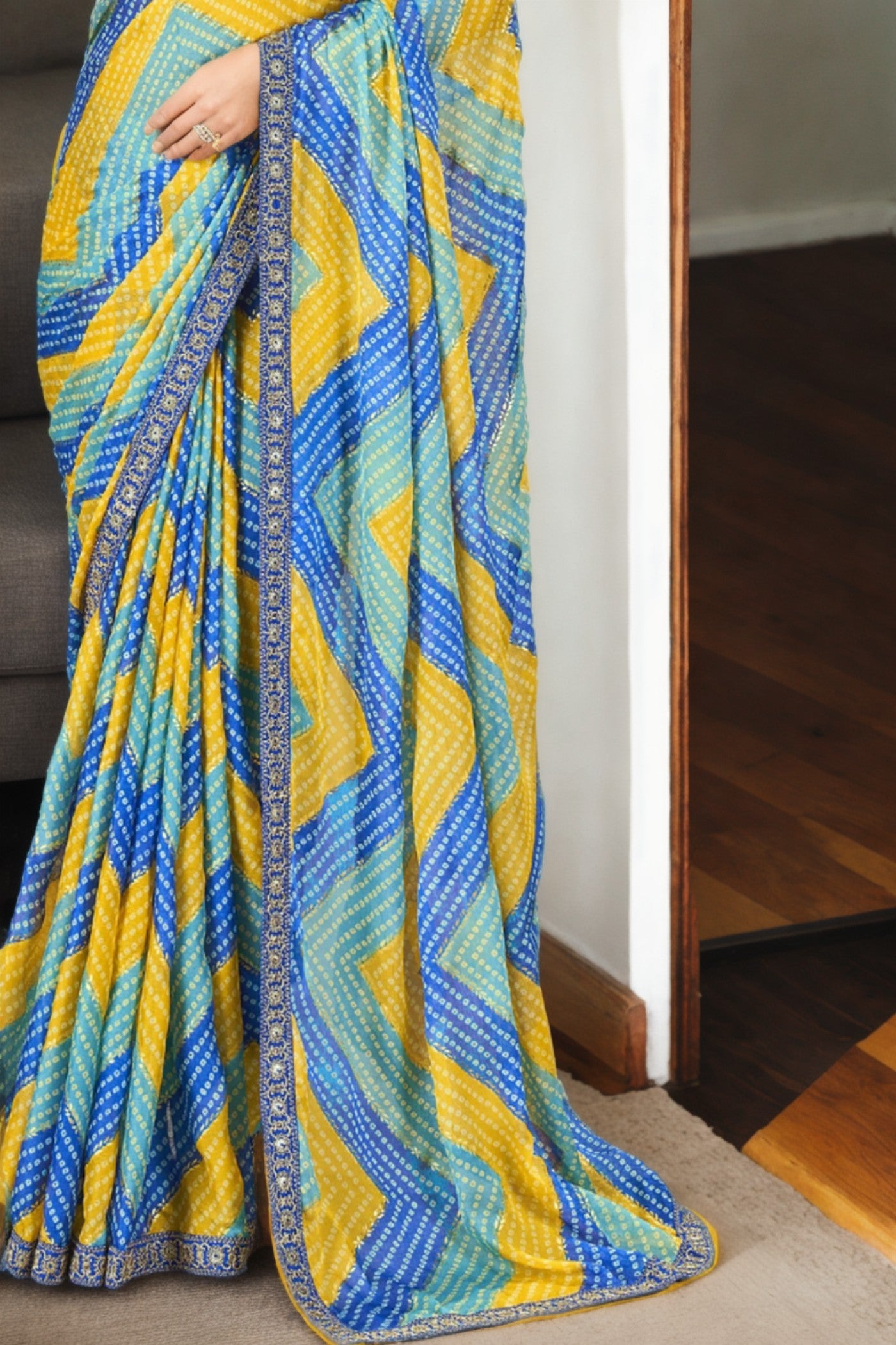 Buy MySilkLove Azure Blue and Yellow Bandhani Digital Printed Silk Saree Online