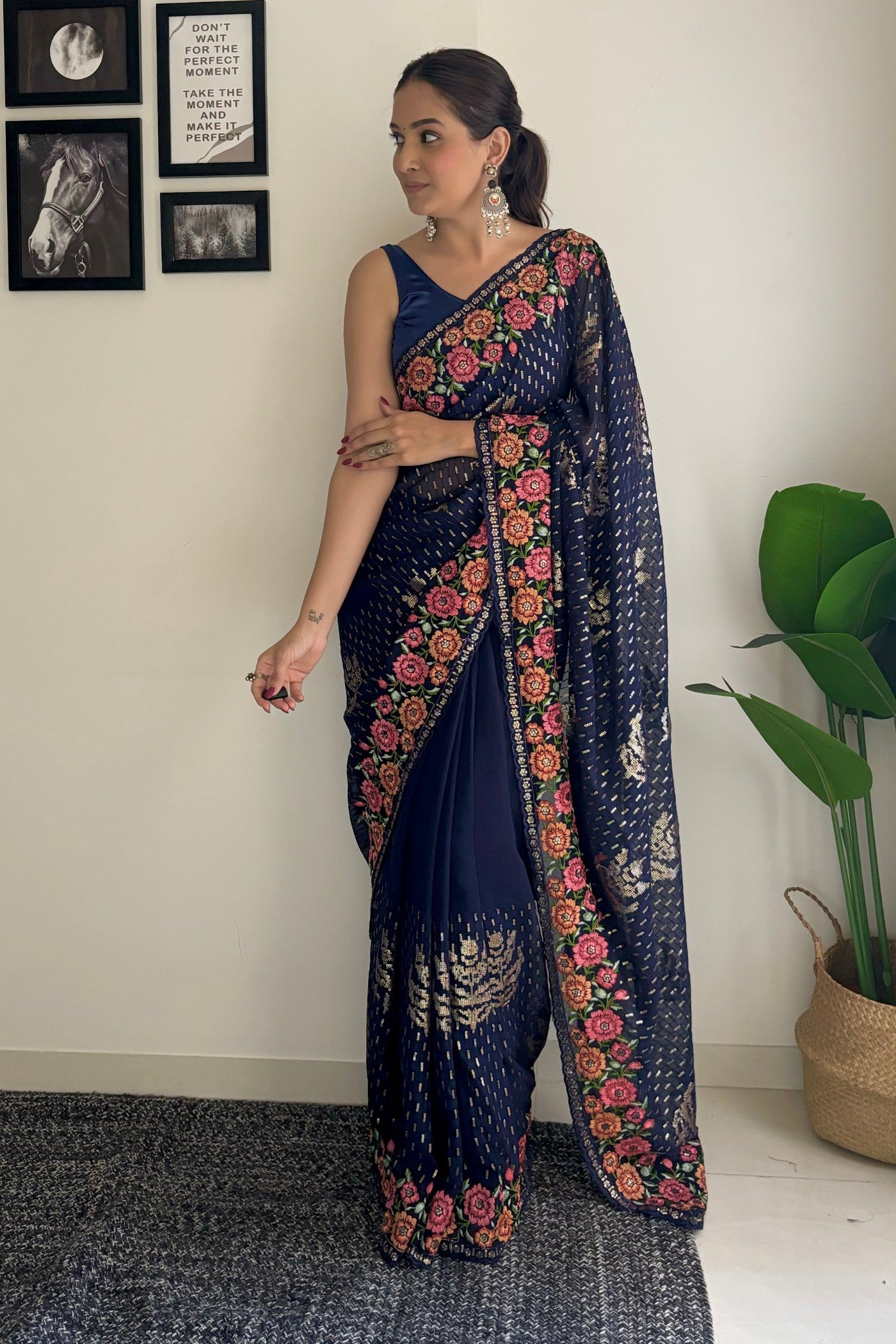 Buy MySilkLove Navy Blue Embroidery Designer Georgette Saree Online