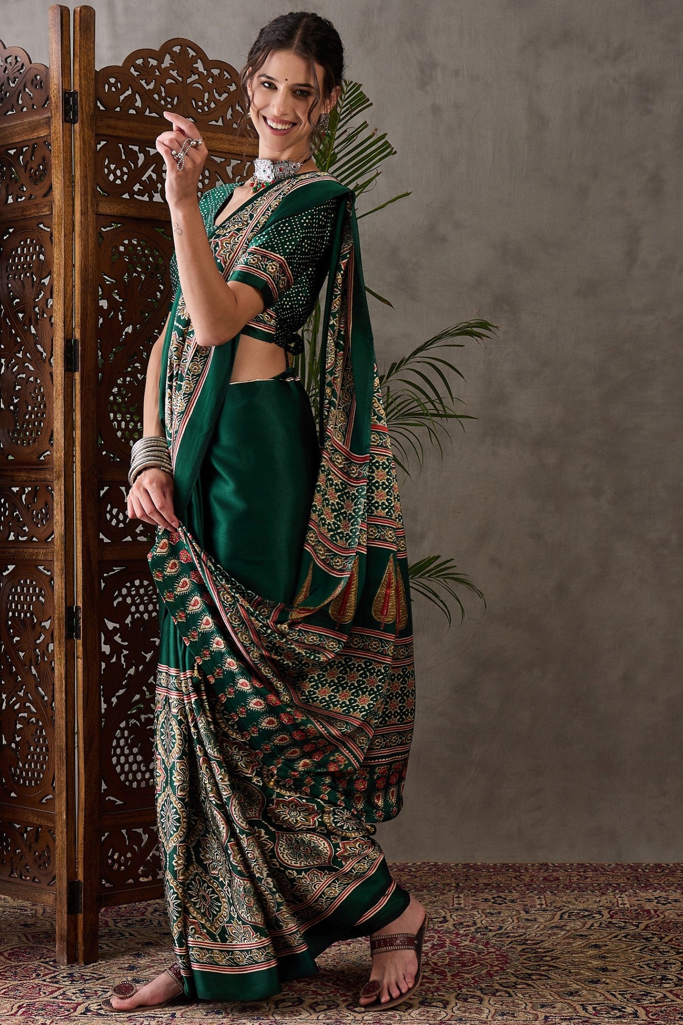 Buy MySilkLove Fern Green Printed Satin Gaji Silk Saree Online