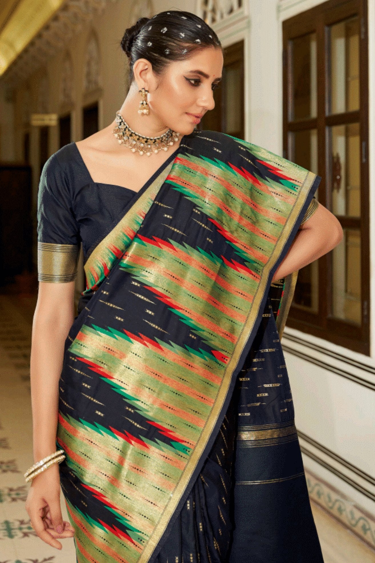 MySilkLove Ink Black Woven Tussar Silk Saree