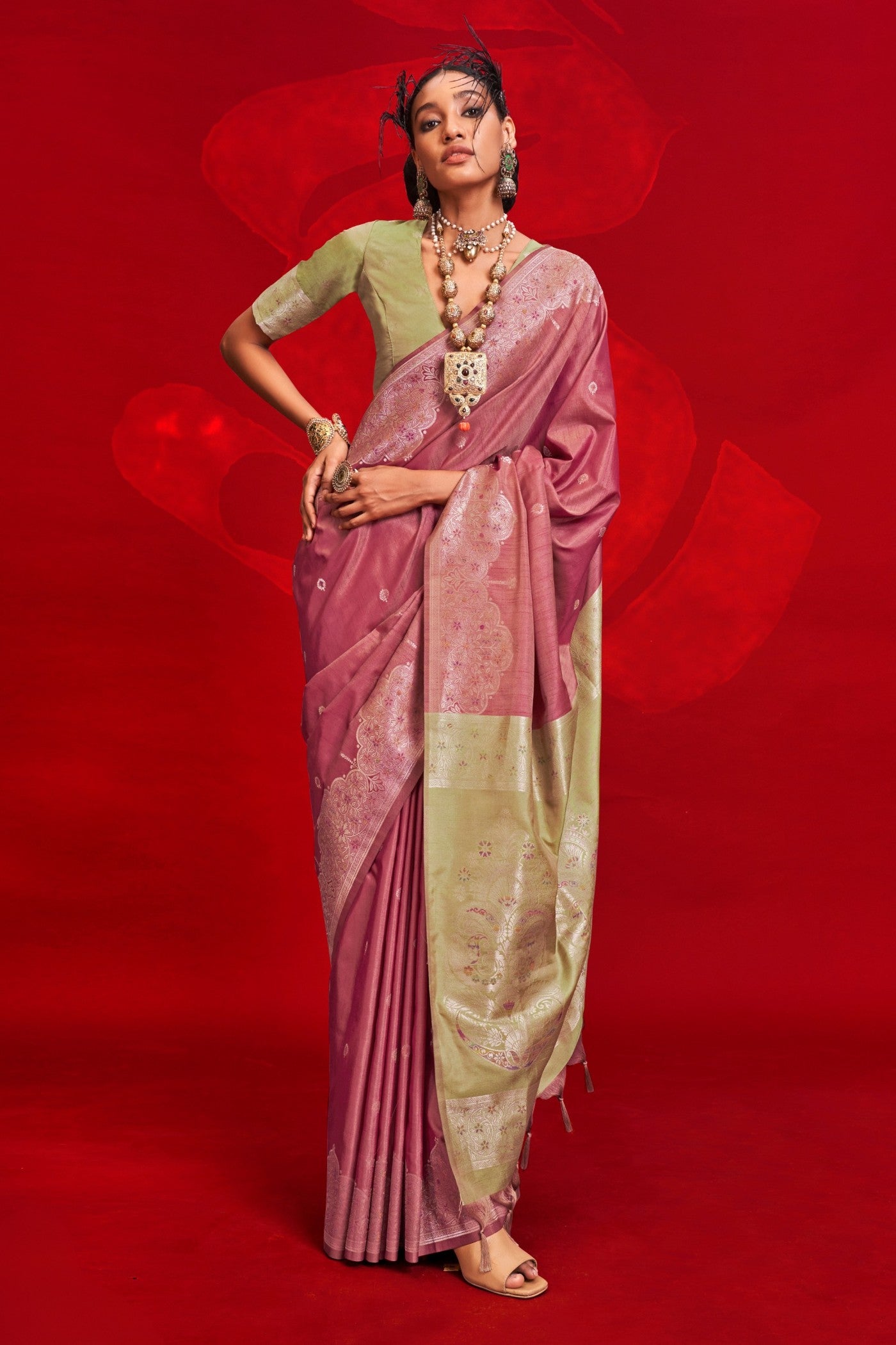 Buy MySilkLove Shimmering Blush Pink Tussar Handloom Silk Saree Online