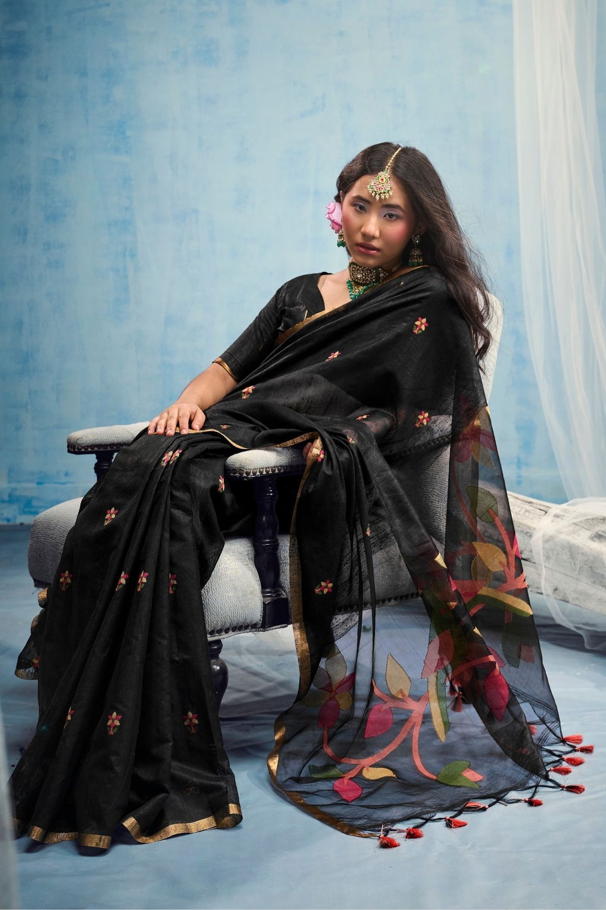 Buy MySilkLove Slate Black Munga Handloom Silk Cotton Saree Online