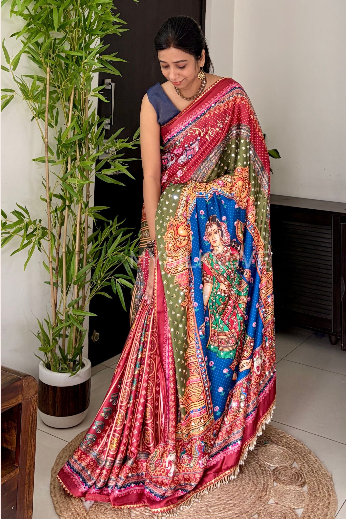 Buy MySilkLove Raspberry Pink Japan Satin Printed Kalmakari Mirror Work Sraee Online