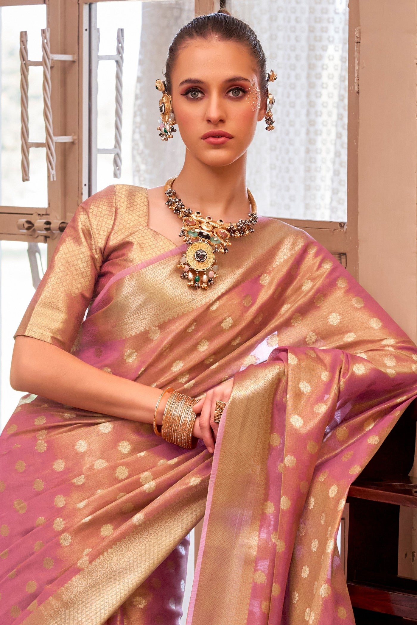 MySilkLove Rose Peach Woven Tissue Silk Saree