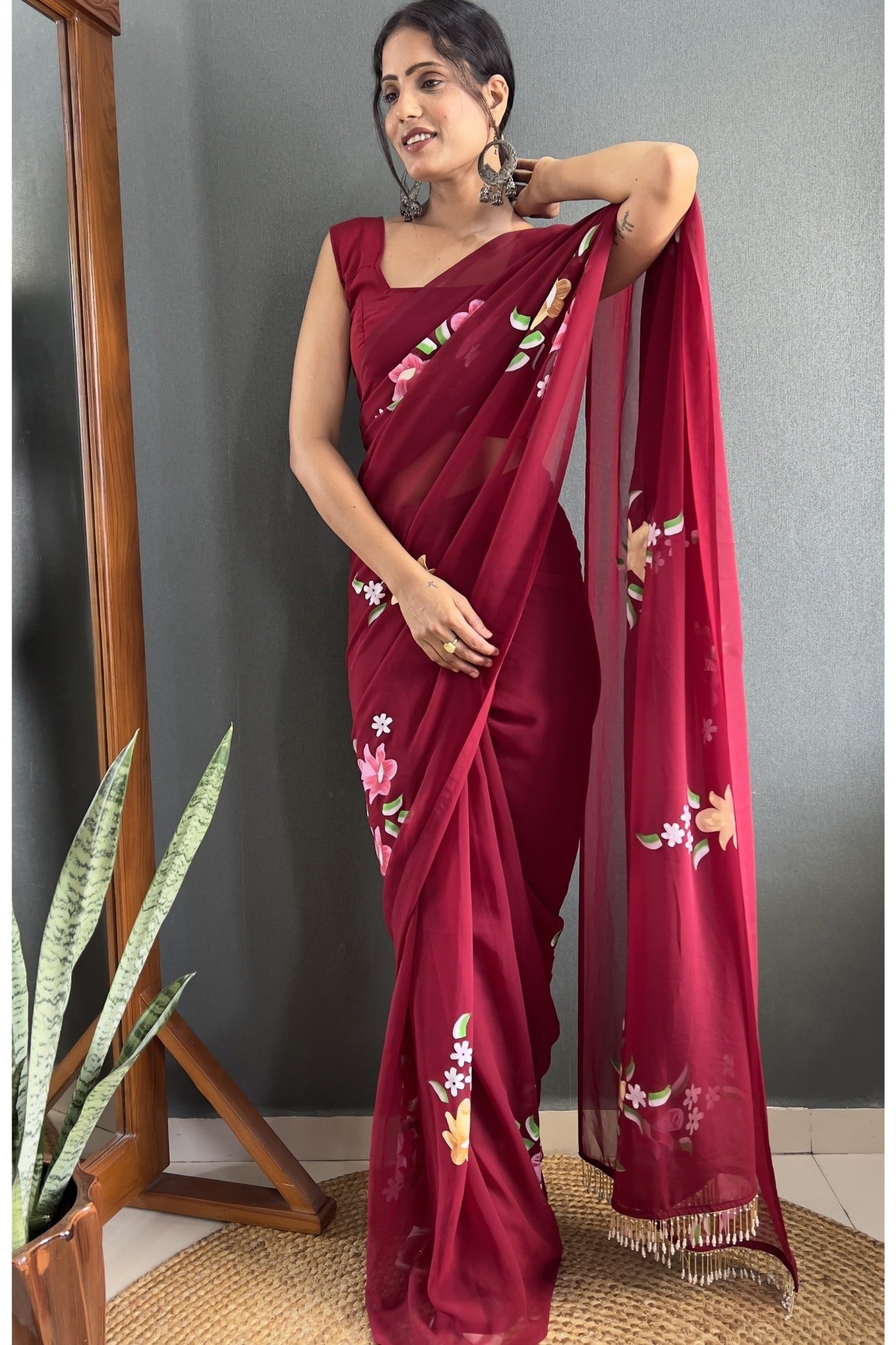 Buy MySilkLove Burgundy Maroon Hand Painted Georgette Saree Online