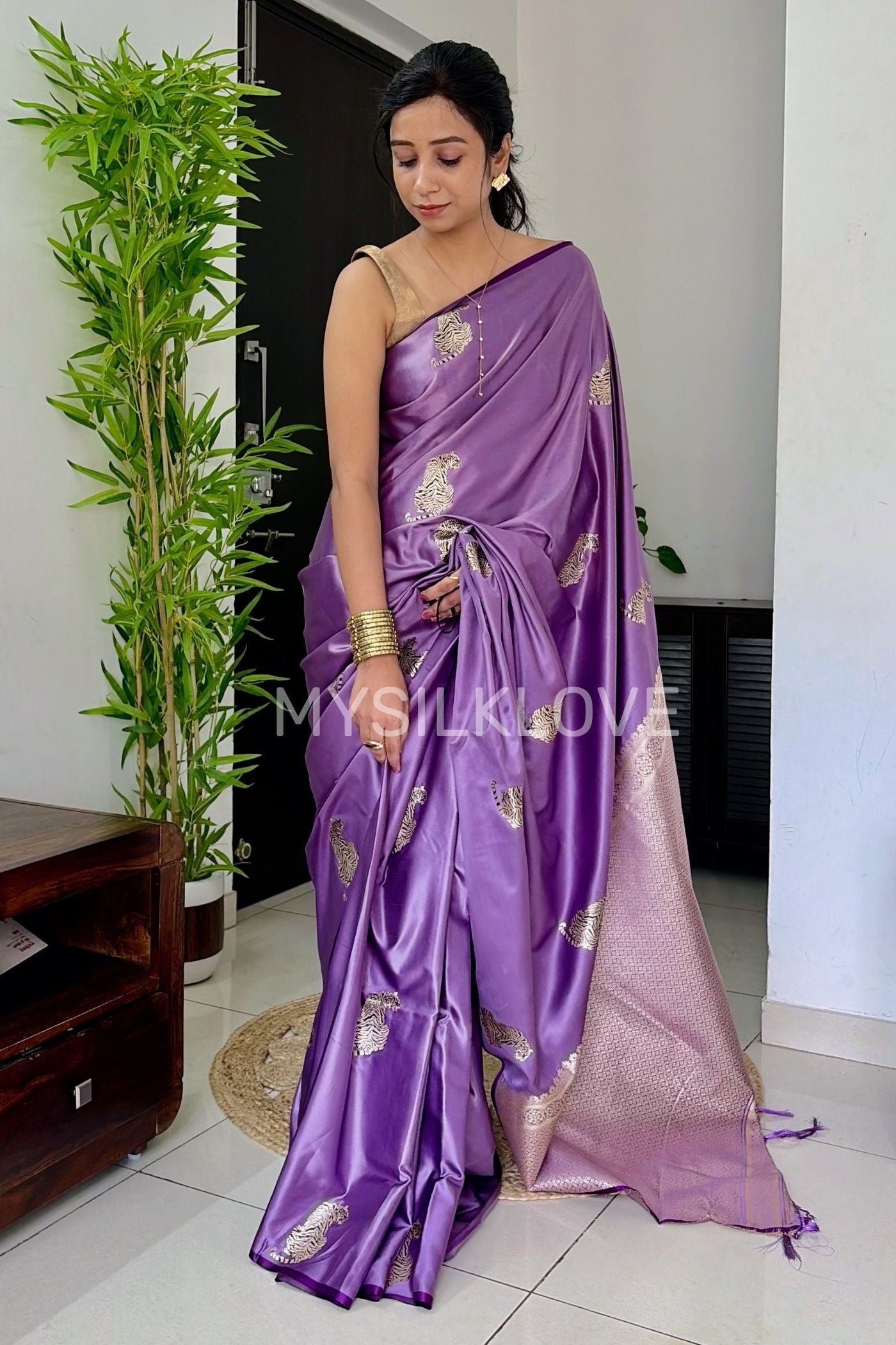 MySilkLove Wisteria Purple Tiger Print Satin Woven Saree