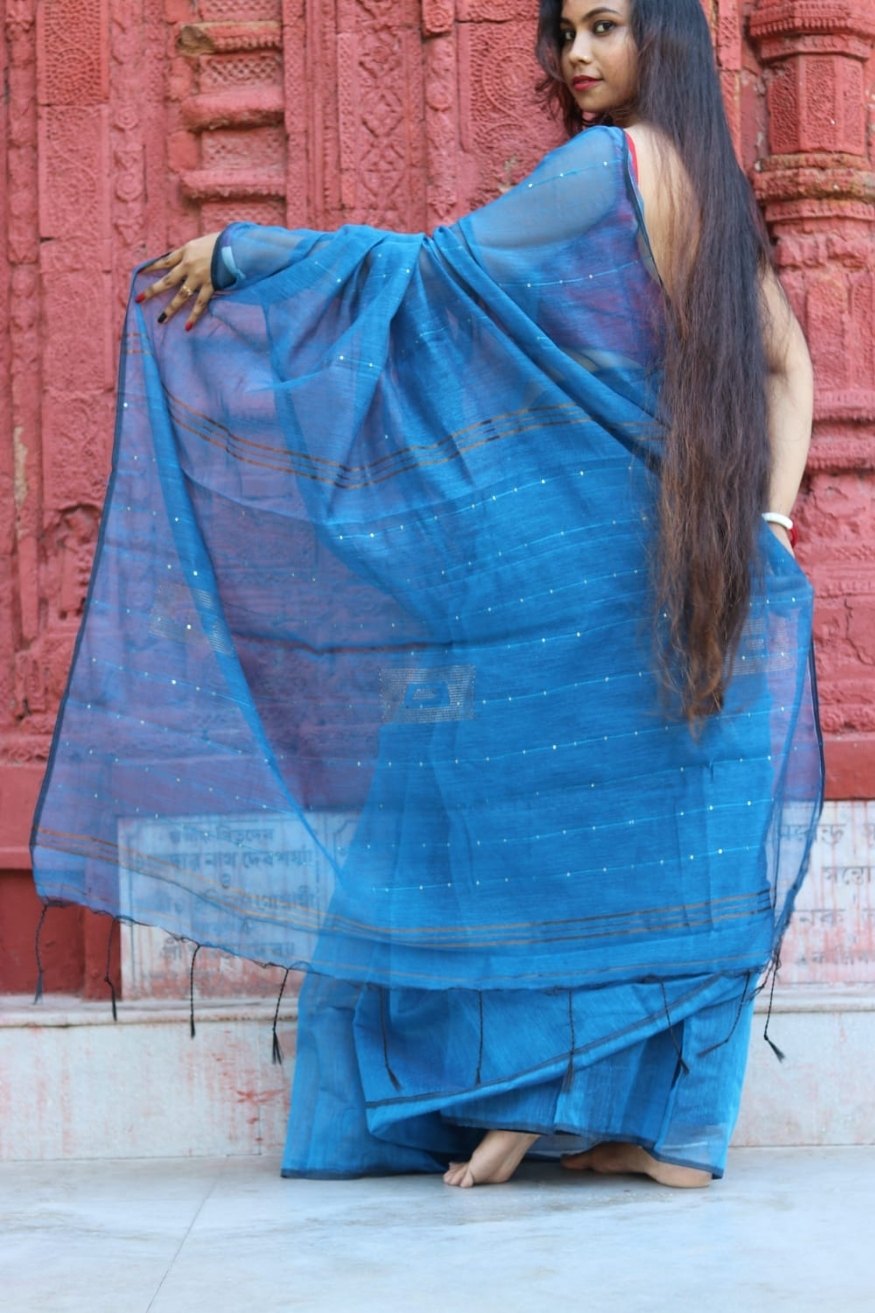 Buy MySilkLove Bondi Blue Cotton Sequence Chumki Saree Online