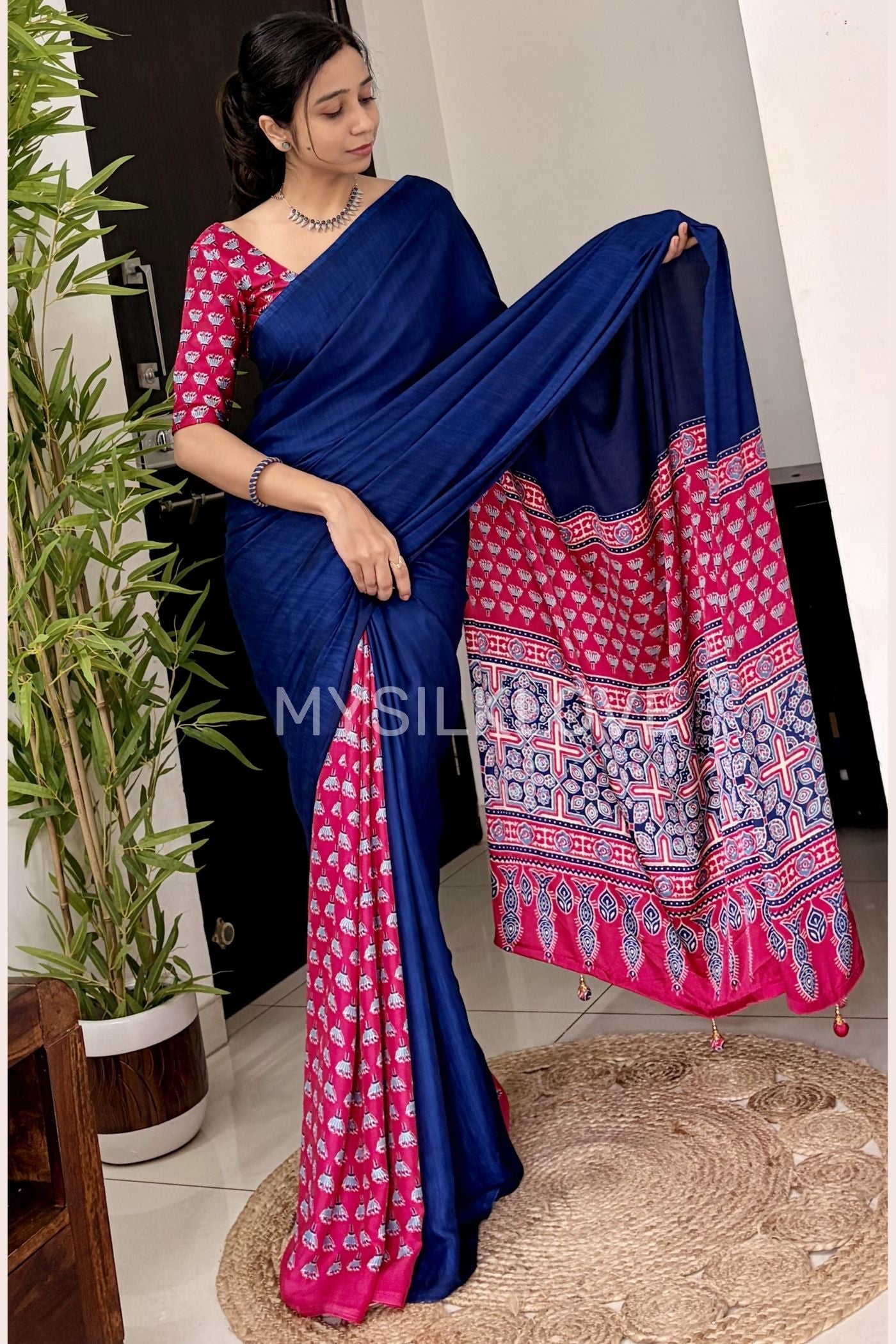 Buy MySilkLove Starlit Blue and Pink Ajrakh Printed Satin Crepe Silk Saree Online