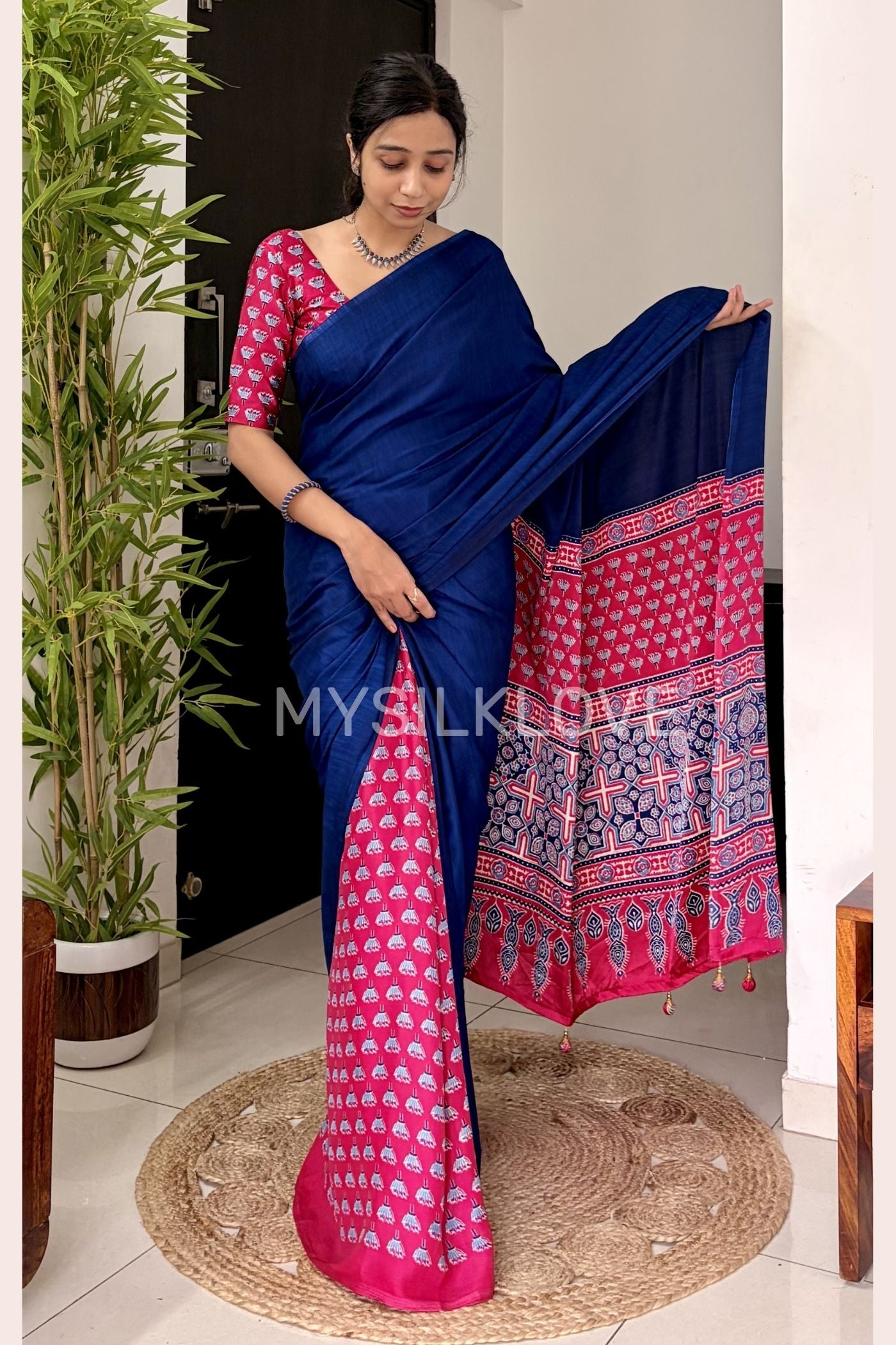 Buy MySilkLove Starlit Blue and Pink Ajrakh Printed Satin Crepe Silk Saree Online