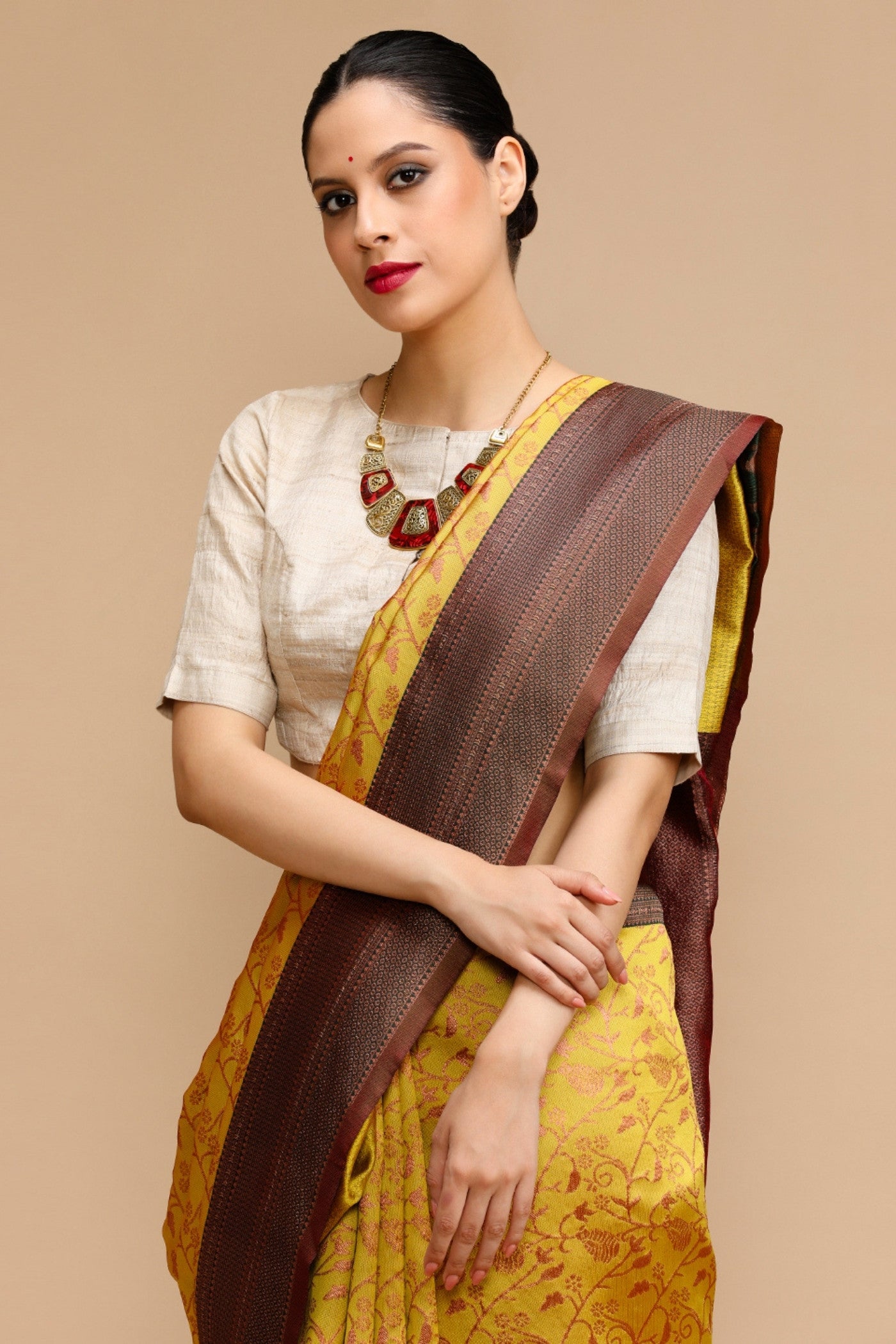 Buy MySilkLove Imperial Yellow Woven Jacquard Lichi Silk Saree Online