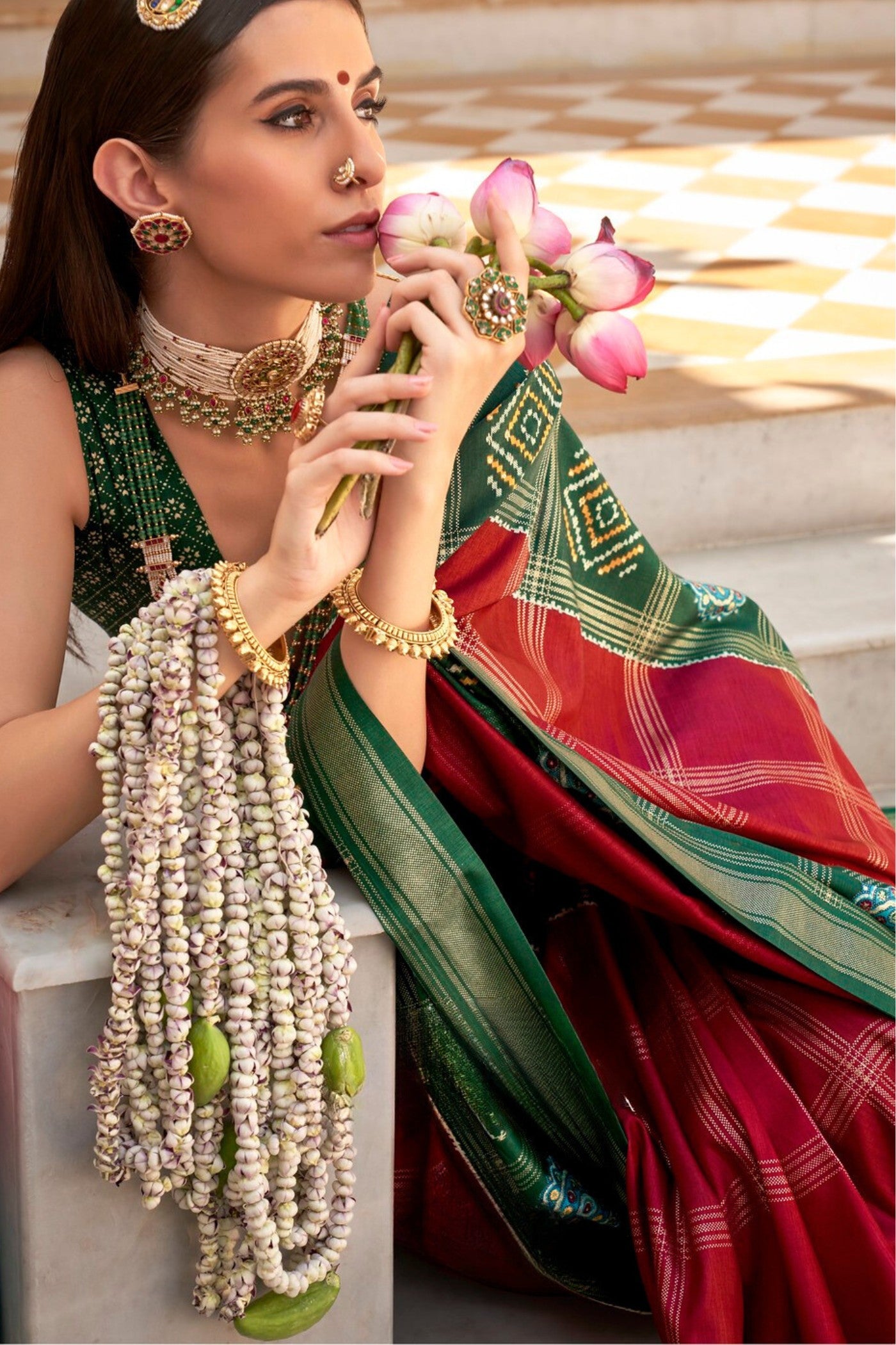 Buy MySilkLove Chilli Flex Red and Green Printed Patola Saree Online