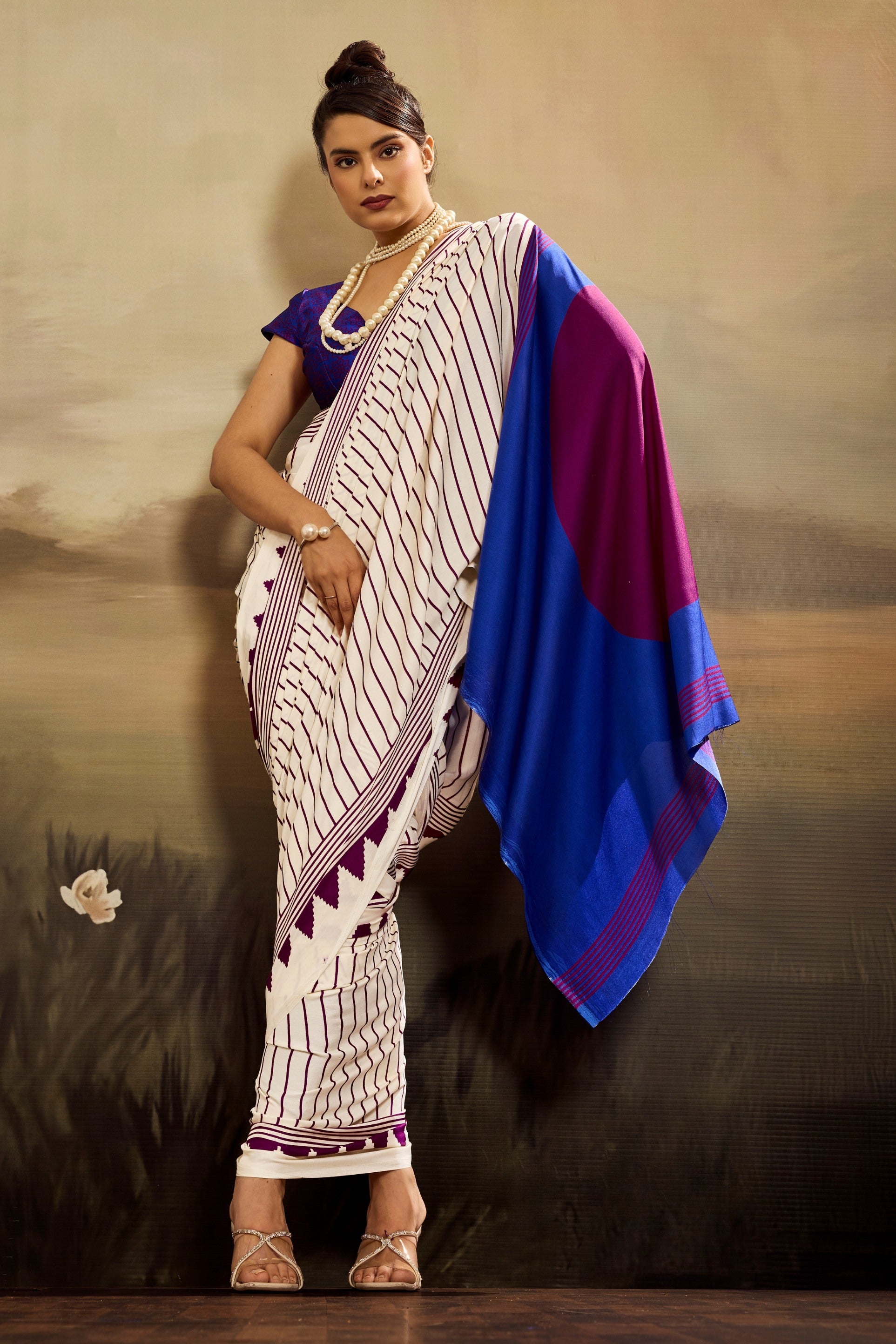 Buy MySilkLove Snow White Ajrakh Printed Satin Crepe Silk Saree Online