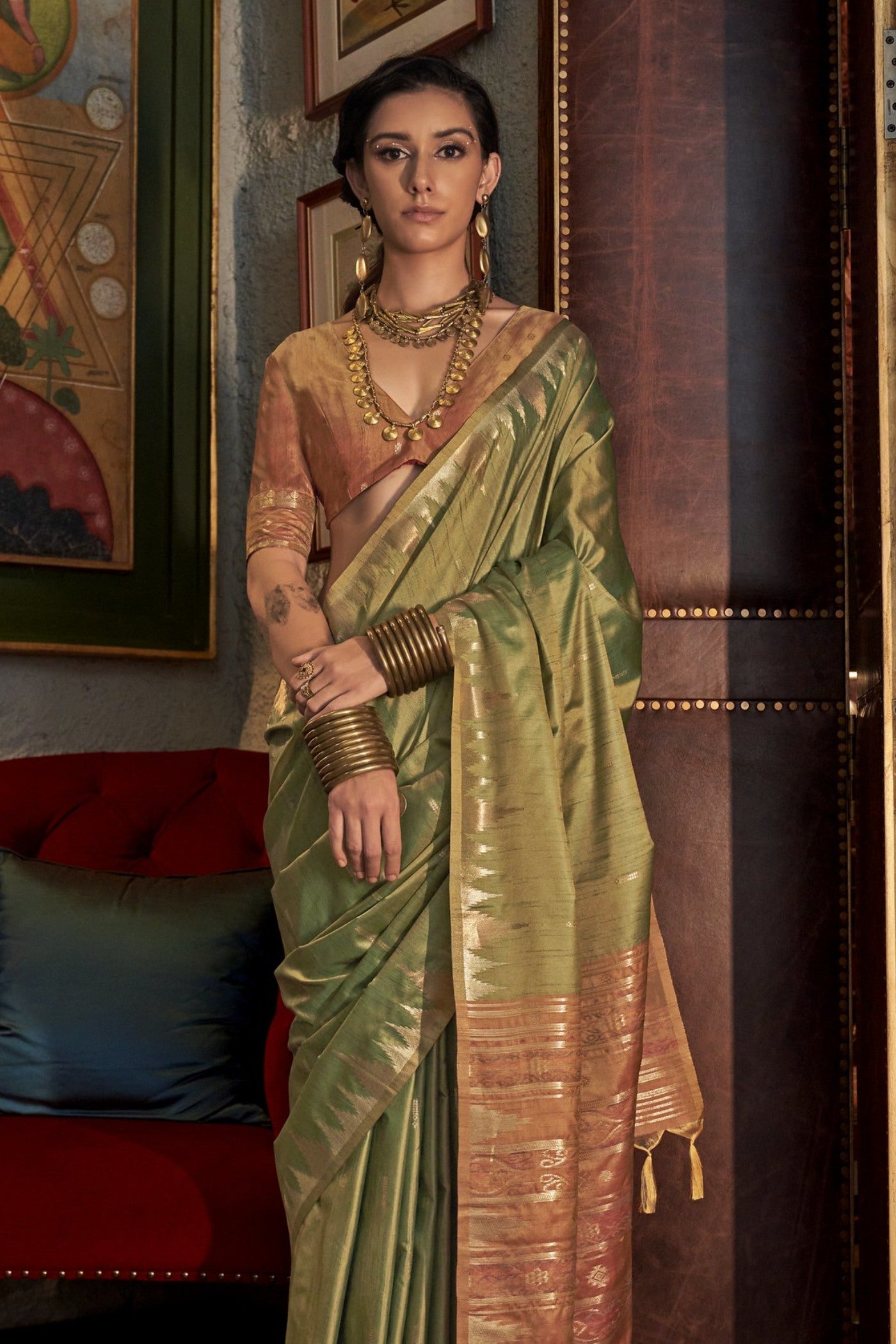 Buy MySilkLove Mineral Green Woven Linen Saree Online