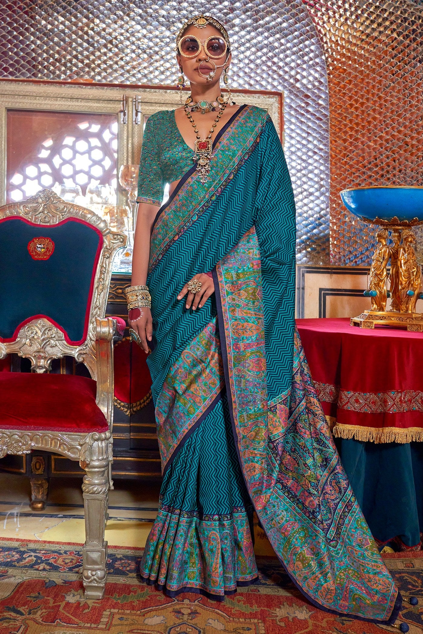 Buy MySilkLove Globe thistle Blue Banarasi Jamawar Saree Online