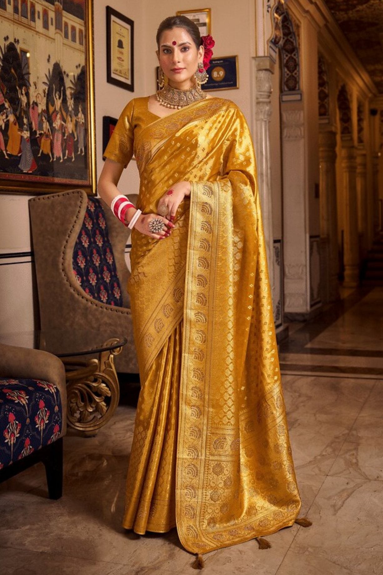 Buy MySilkLove Golden Yellow Zari Woven Banarasi Saree Online