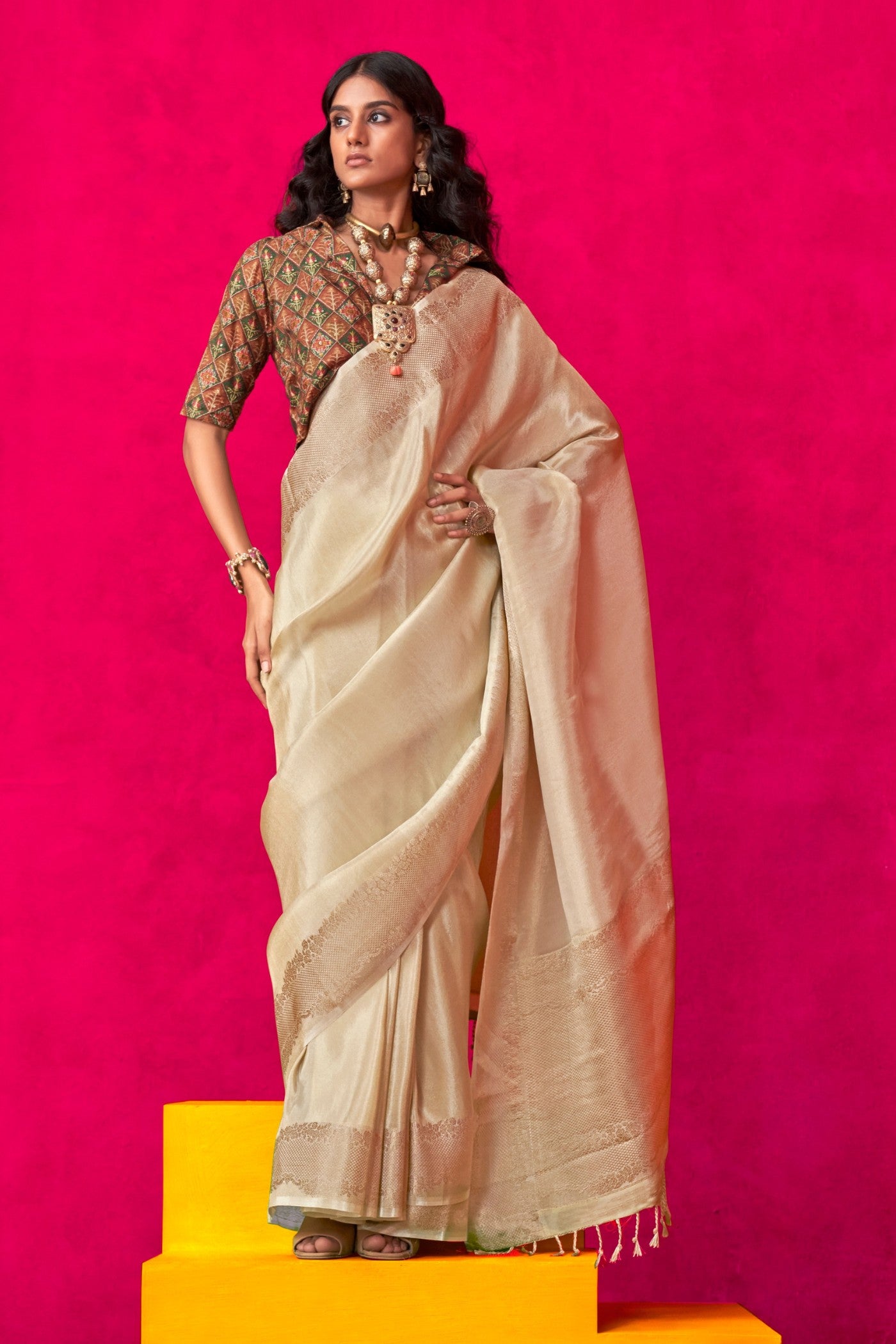 Buy MySilkLove Bison Cream Tissue Silk Saree Online