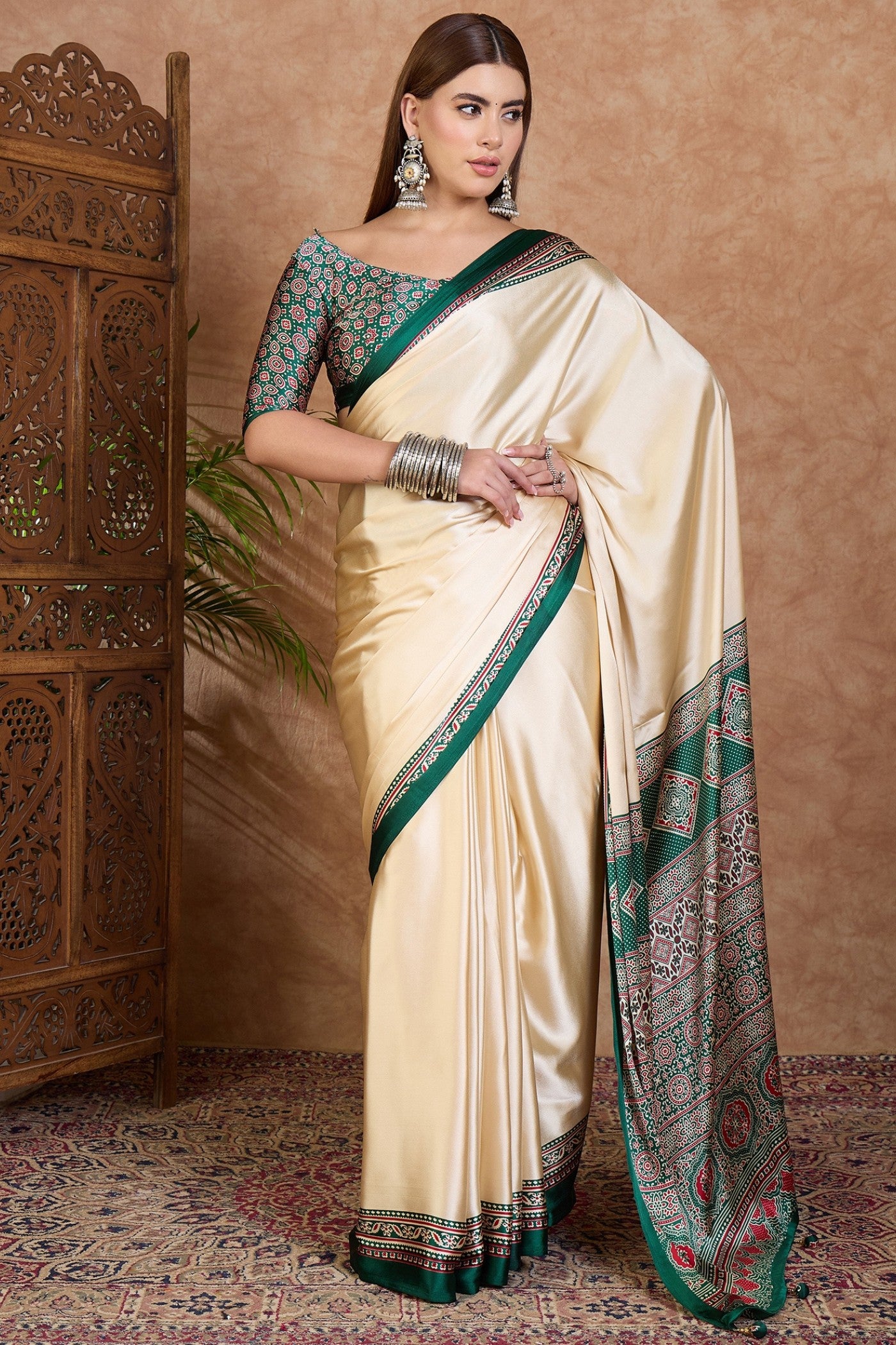 Buy MySilkLove Rice Cream and Green Ajrakh Printed Satin Crepe Silk Saree Online