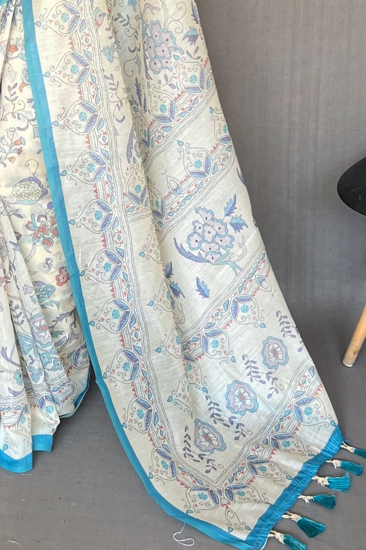 Buy MySilkLove River Blue and White Printed Cotton Saree Online