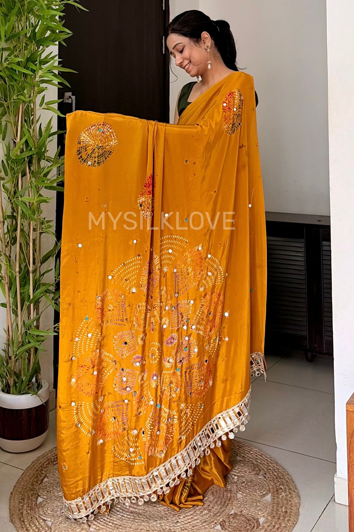 Buy MySilkLove Antique Yellow Satin Printed Bandhani Mirror Work Saree Online