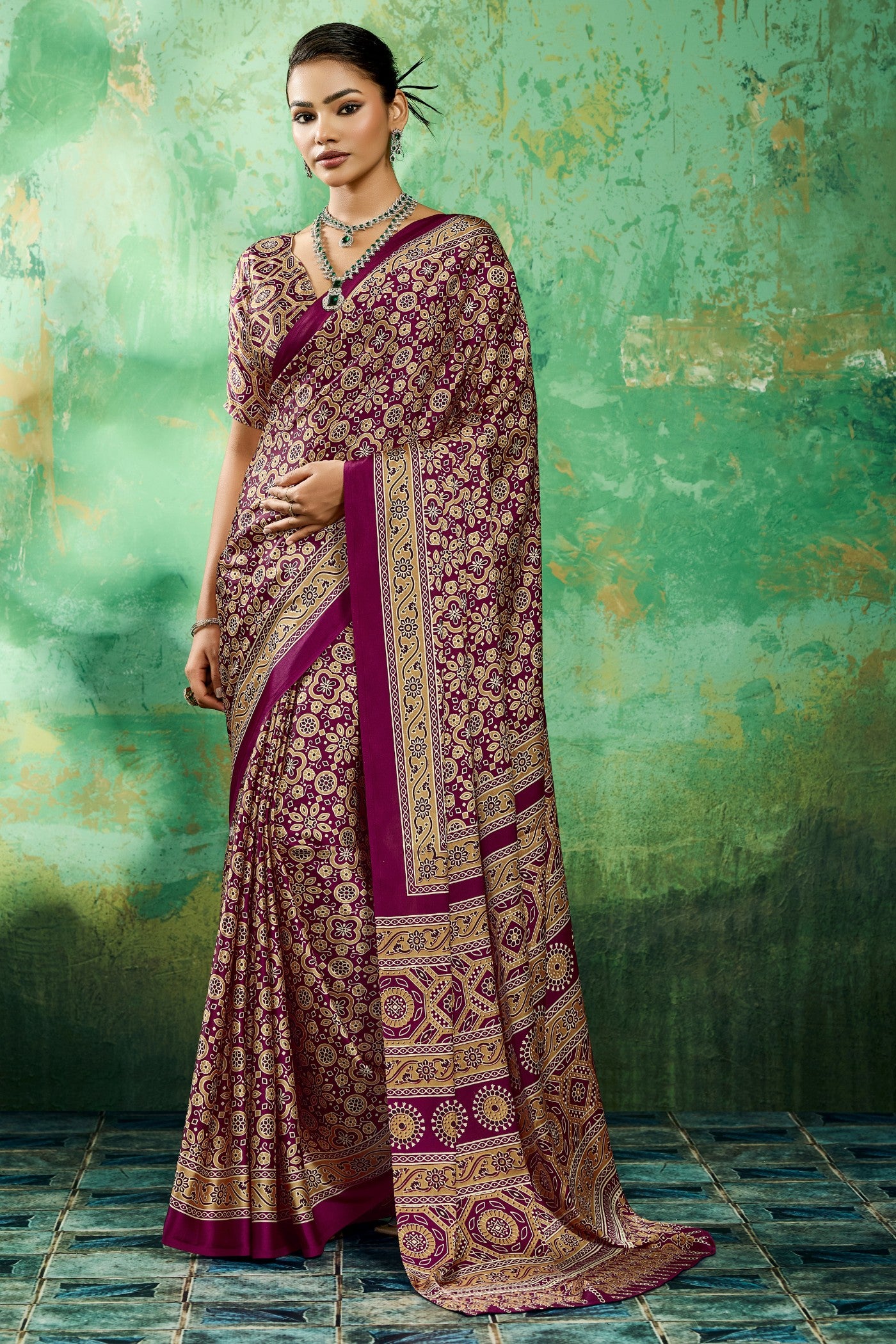 Buy MySilkLove Royal Garnet Purple Modal Ajrakh Satin Printed Silk Saree Online