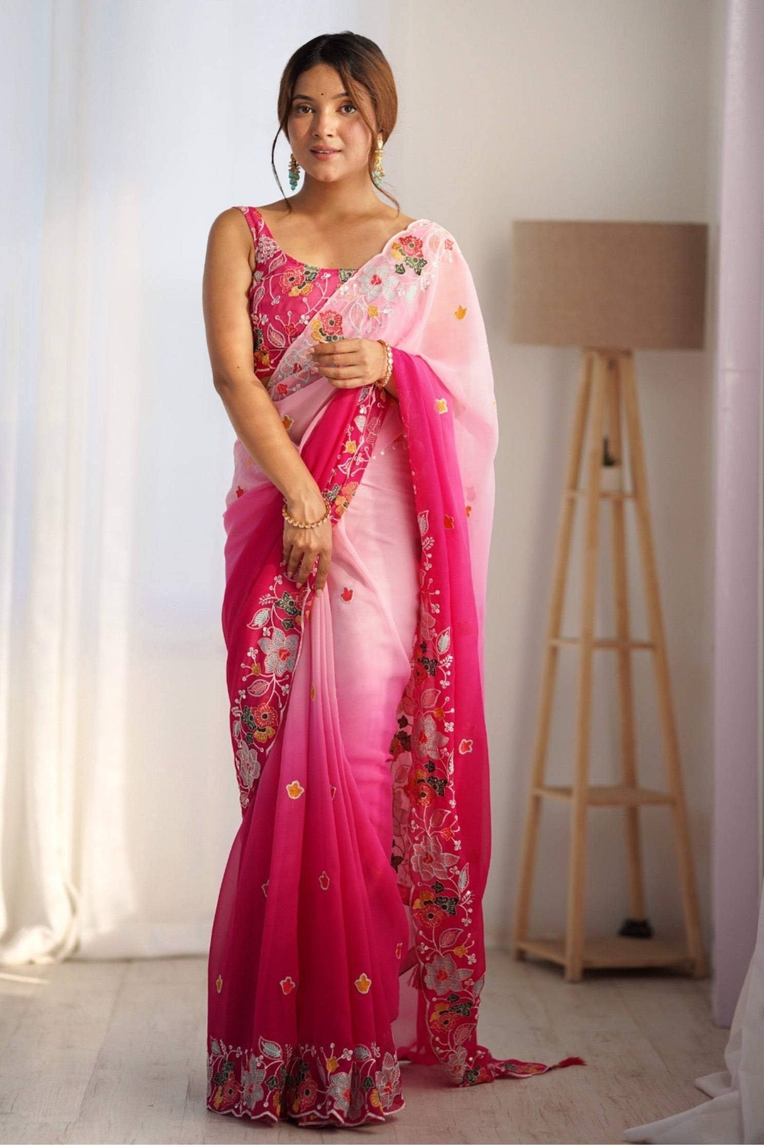 Buy MySilkLove Taffy Pink and White Georgette Saree Online