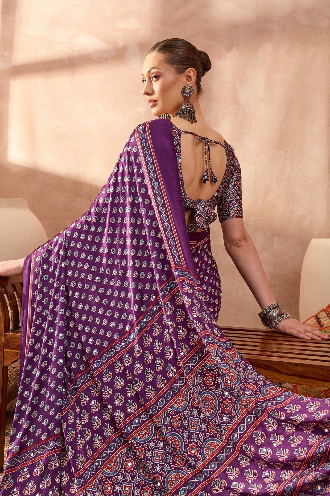 Buy MySilkLove Fuchsia Purple Modal Ajrakh Satin Printed Silk Saree Online