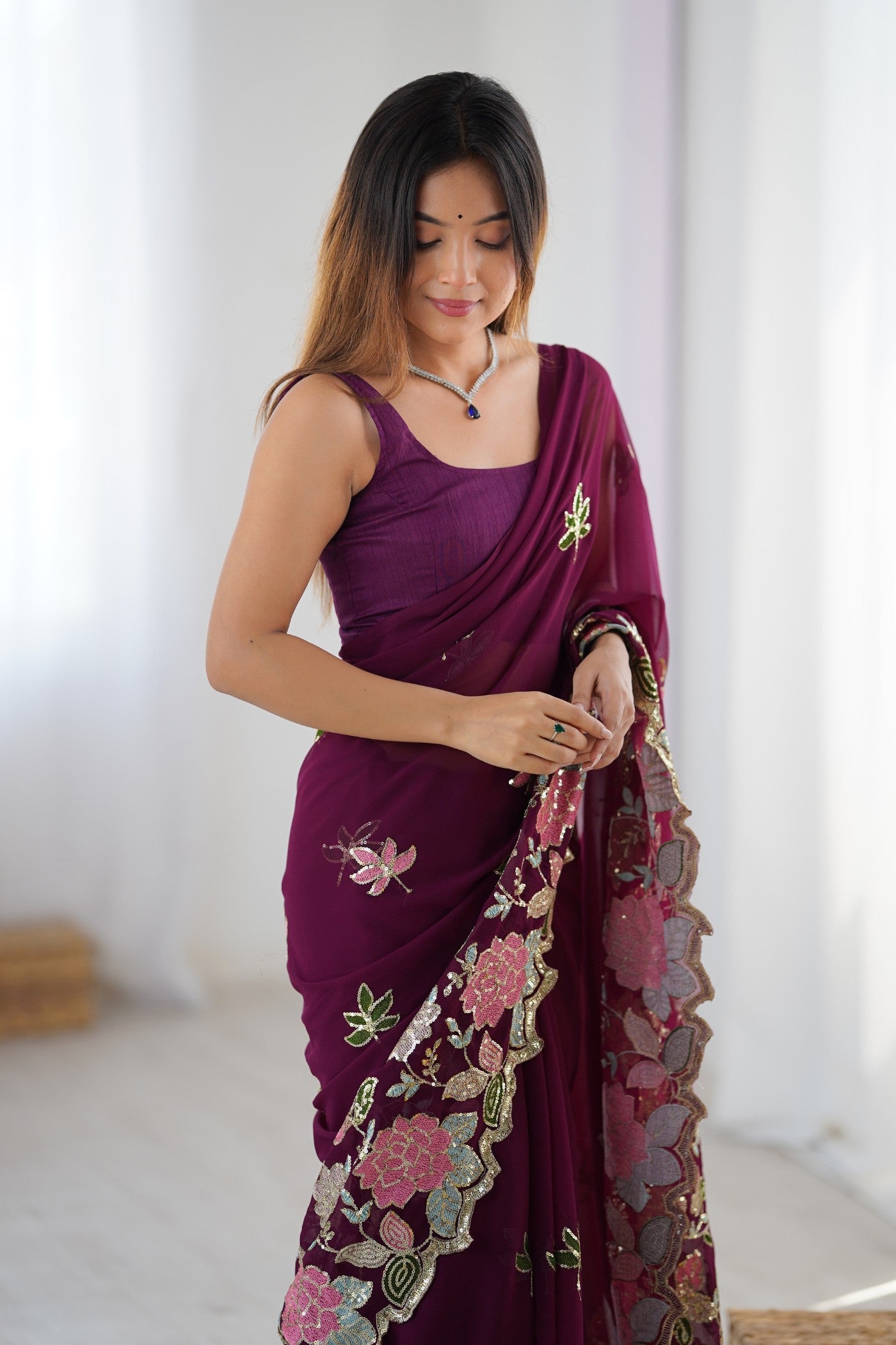 MySilkLove Wine Purple Georgette Partwaer Saree