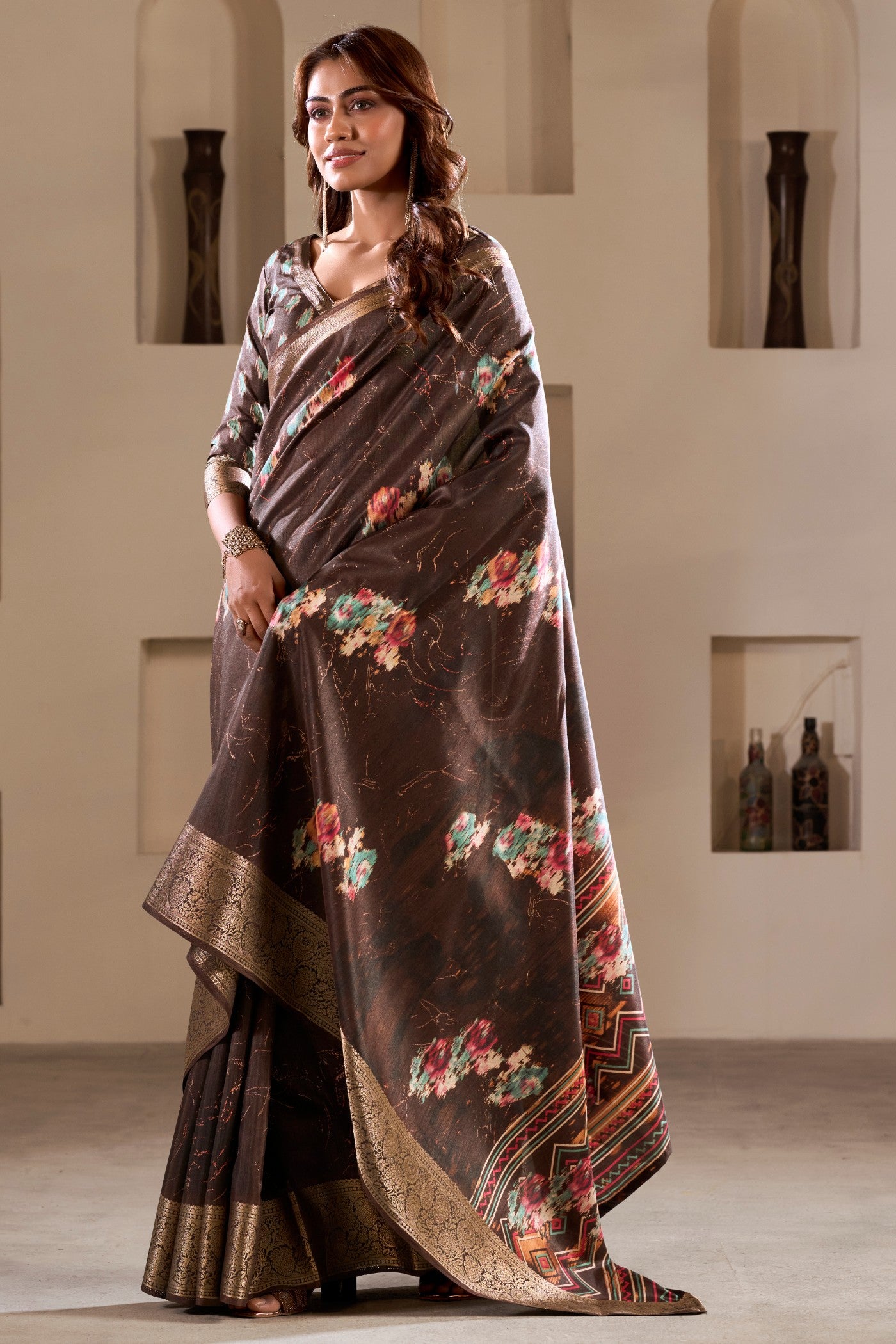 Buy MySilkLove Americano Coffee Brown Printed Soft Dola Silk Saree Online