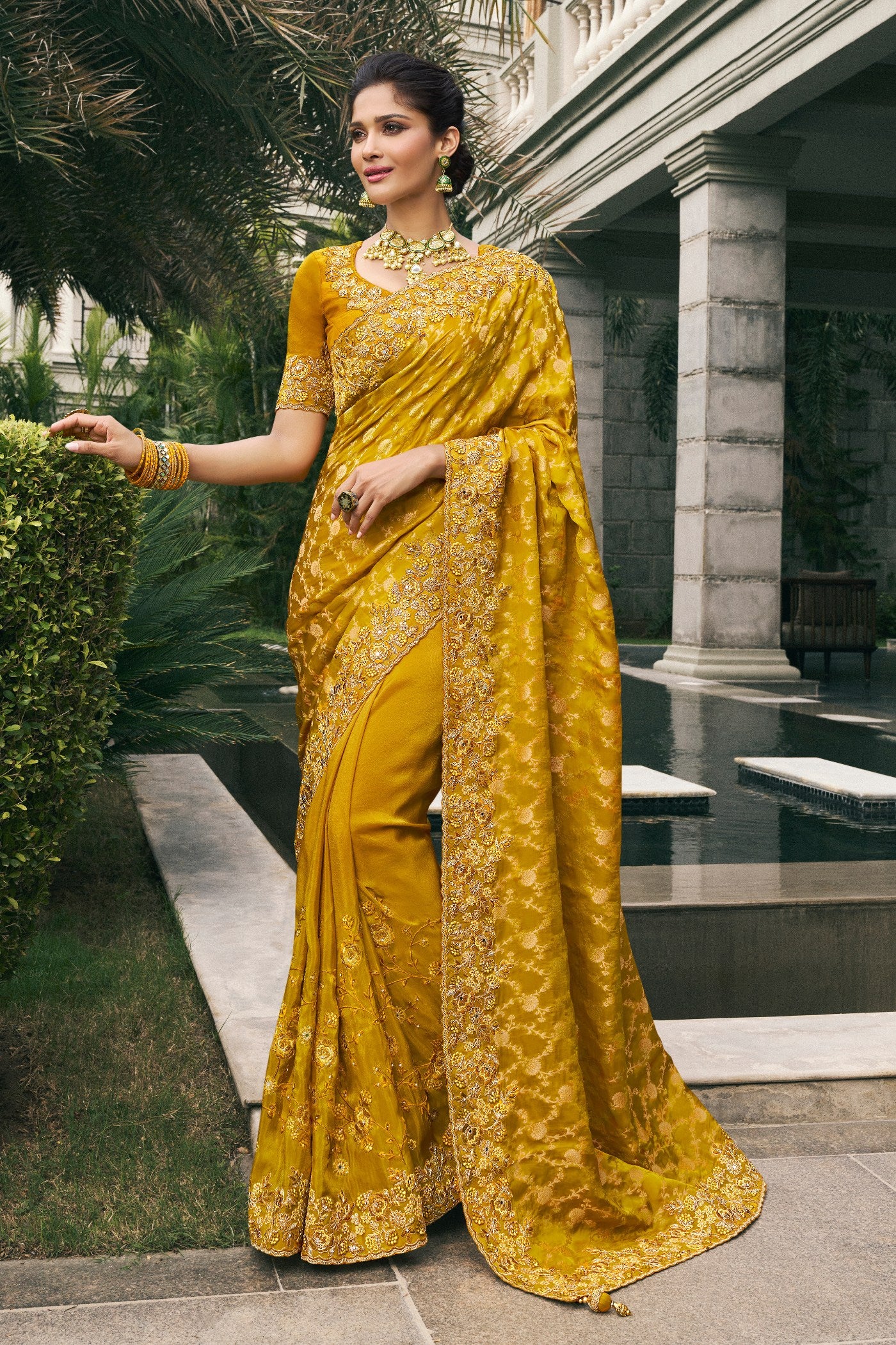 Buy MySilkLove Mango Yellow Banarasi Designer Embroidered Saree Online