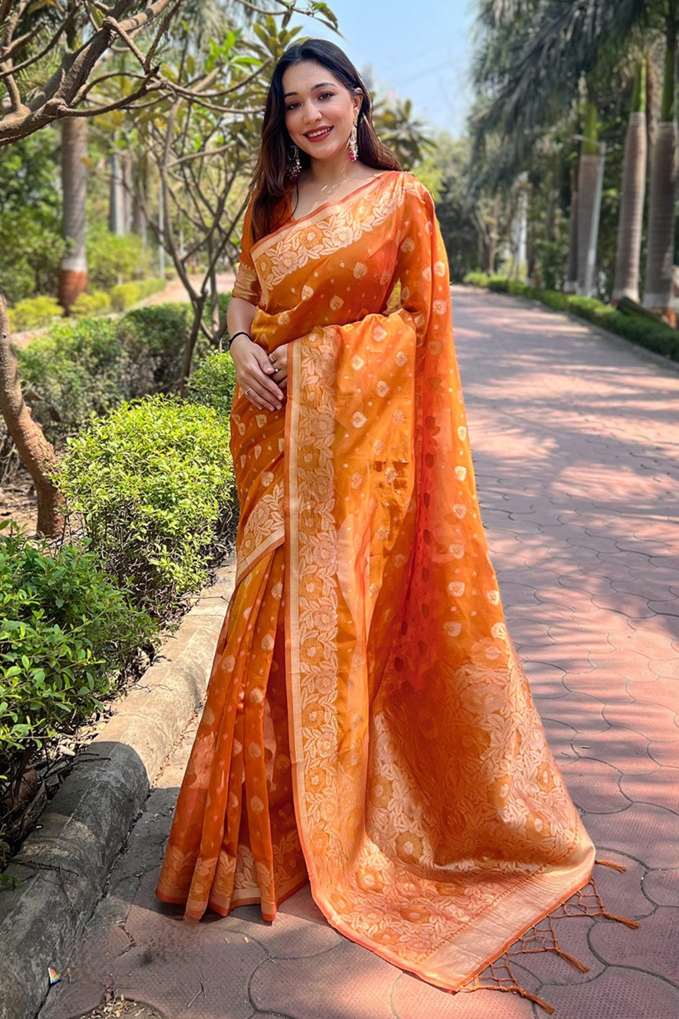 Buy MySilkLove Tan Orange Zari Woven Organza Saree Online